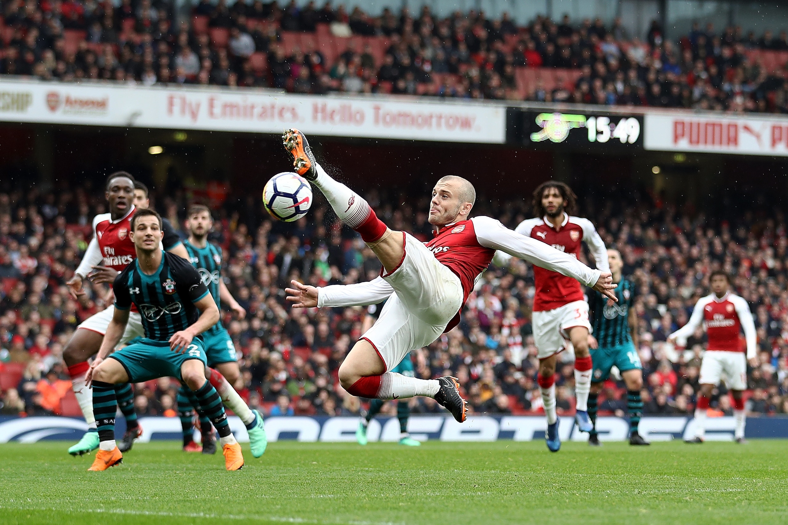 LONDON, ENGLAND - APRIL 08: Jack Wilshere of Arsenal in action during the Premier League match between Arsenal and Southampton at Emirates Stadium on April 8, 2018 in London, England.  (Photo by Bryn Lennon/Getty Images)