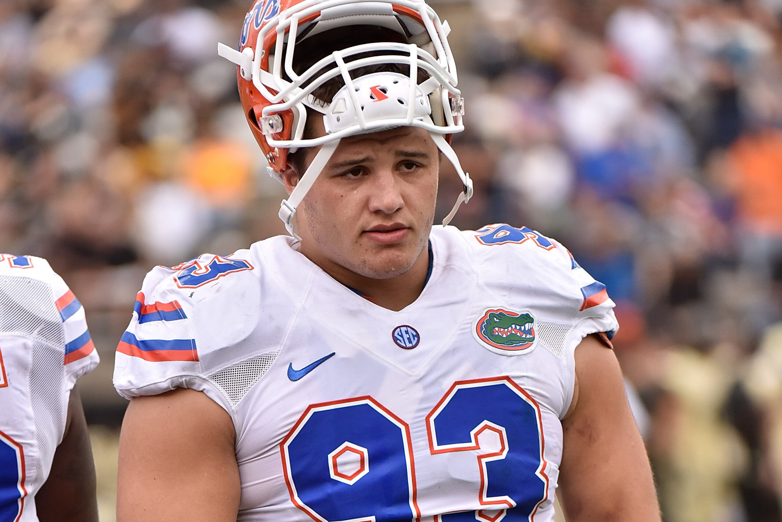 NASHVILLE, TN - OCTOBER 01:  Taven Bryan #93 of the Florida Gators watches from the sideline during a game against the Vanderbilt Commodores at Vanderbilt Stadium on October 1, 2016 in Nashville, Tennessee.  (Photo by Frederick Breedon/Getty Images)