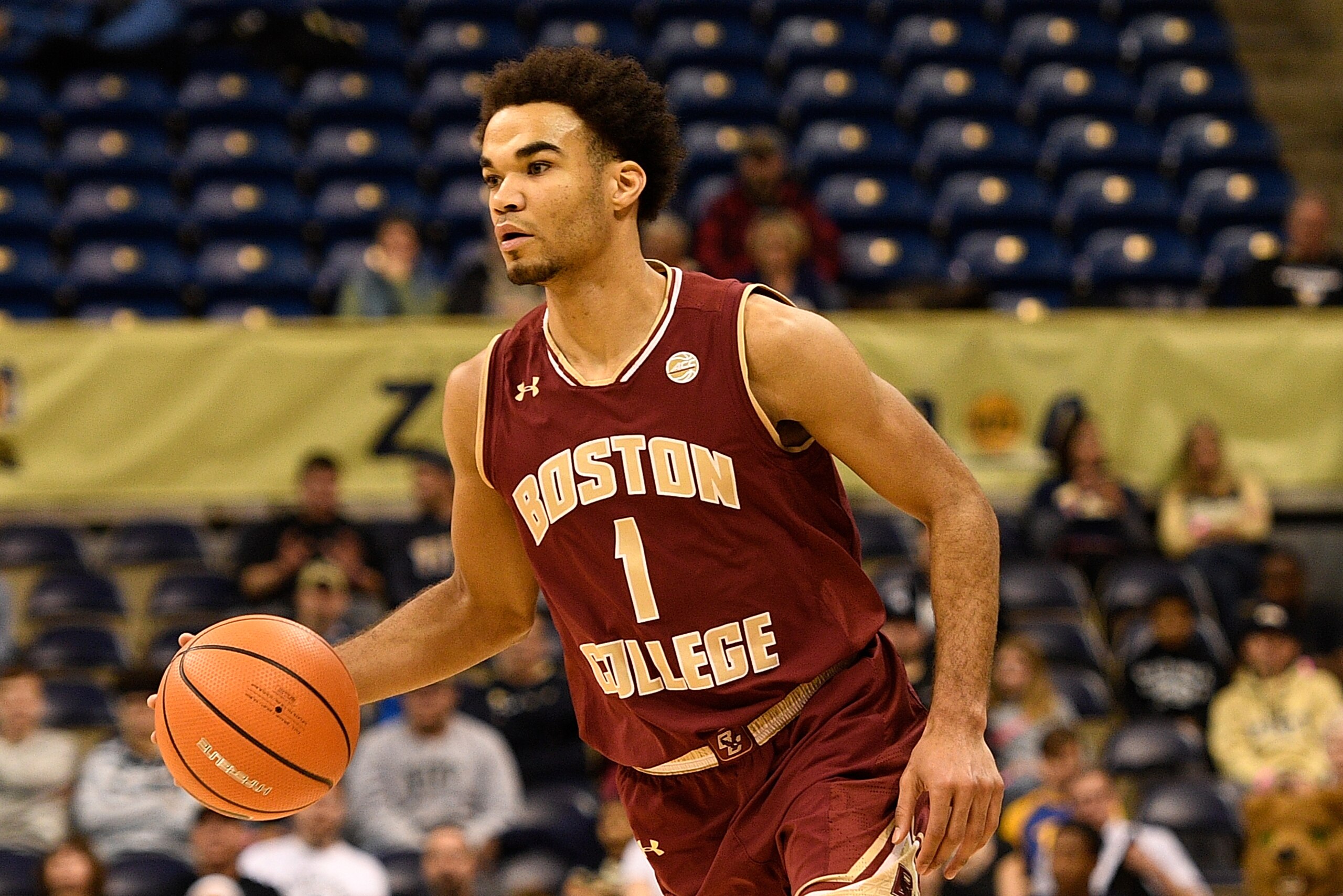 PITTSBURGH, PA - FEBRUARY 13: Jerome Robinson #1 of the Boston College Eagles brings the ball up court in the first half during the game against the Pittsburgh Panthers at Petersen Events Center on February 13, 2018 in Pittsburgh, Pennsylvania. (Photo by 