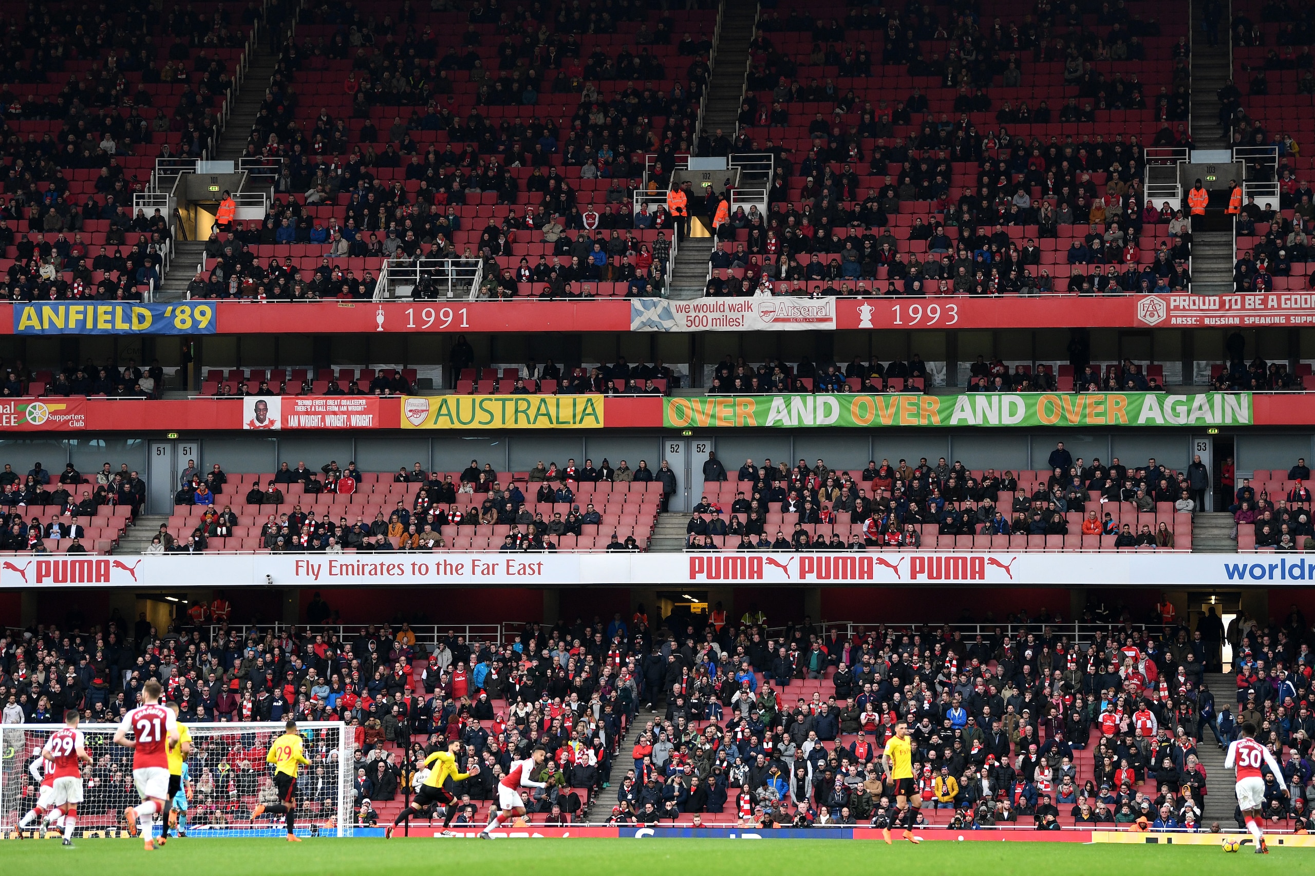 LONDON, ENGLAND - MARCH 11:  Empty seats are seen during the Premier League match between Arsenal and Watford at Emirates Stadium on March 11, 2018 in London, England.  (Photo by Michael Regan/Getty Images)