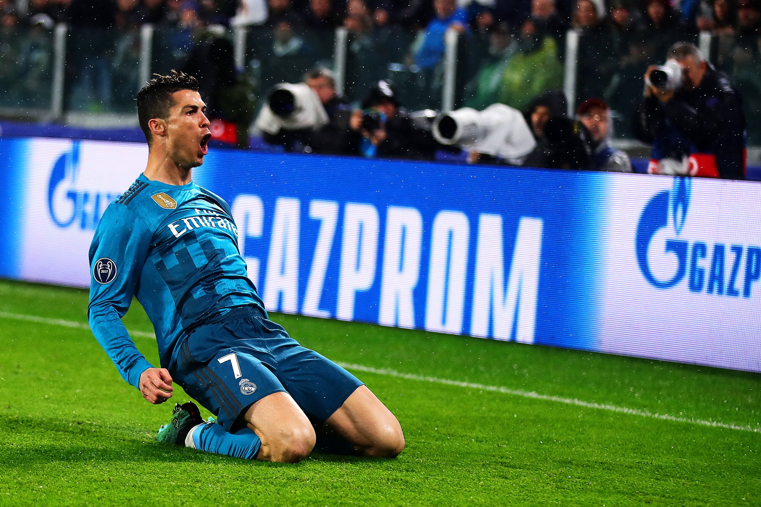 TURIN, ITALY - APRIL 03: Cristiano Ronaldo of Real Madrid celebrates after scoring the opening goal during the UEFA Champions League Quarter Final, first leg match between Juventus and Real Madrid at Juventus Stadium on April 3, 2018 in Turin, Italy.  (Ph