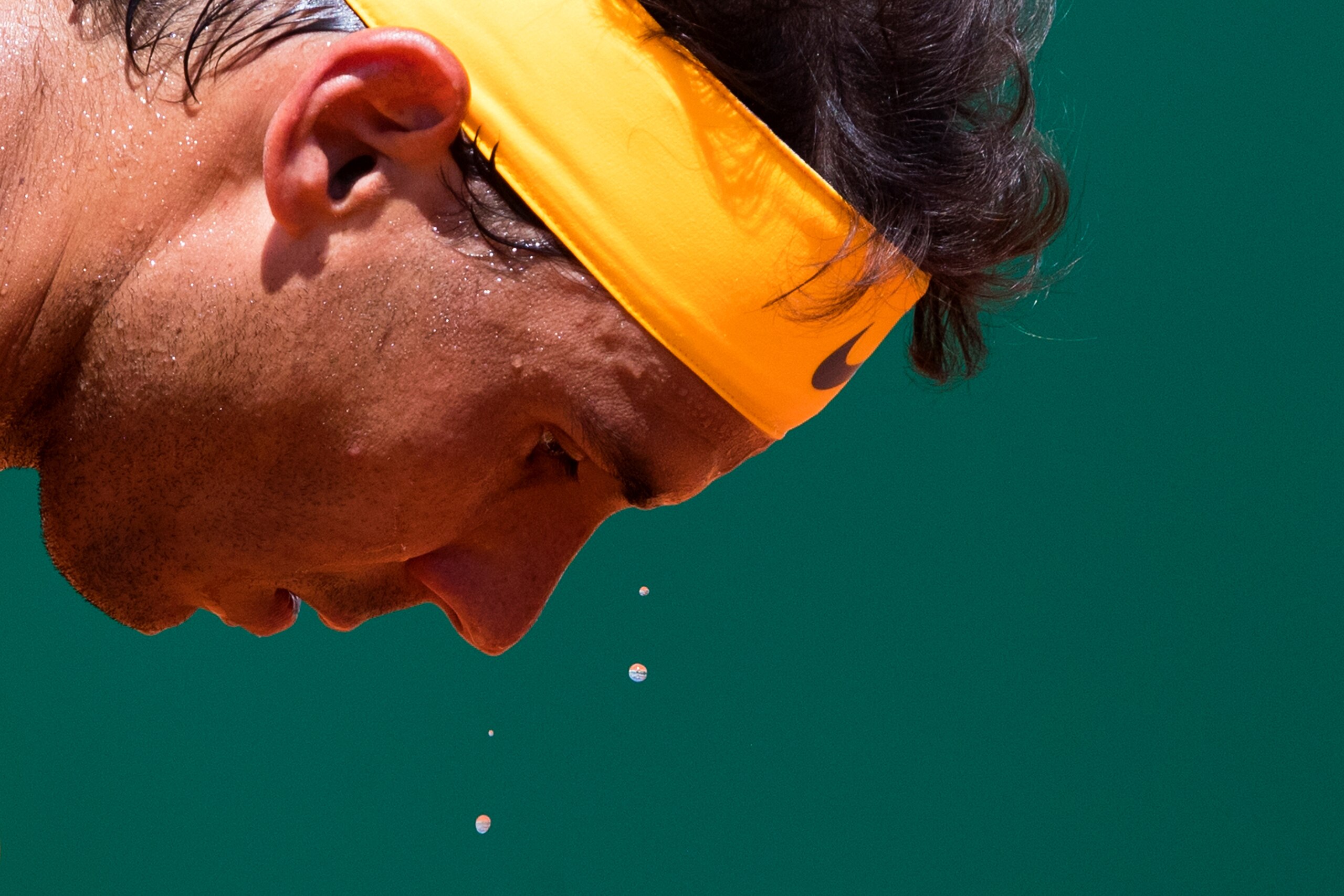 MONTE-CARLO, MONACO - APRIL 20:  Sweat drops off Rafael Nadal of Spain's face in his match against Dominic Thiem of Austria during day six of the ATP Masters Series Monte Carlo Rolex Masters at Monte-Carlo Sporting Club on April 20, 2018 in Monte-Carlo, M