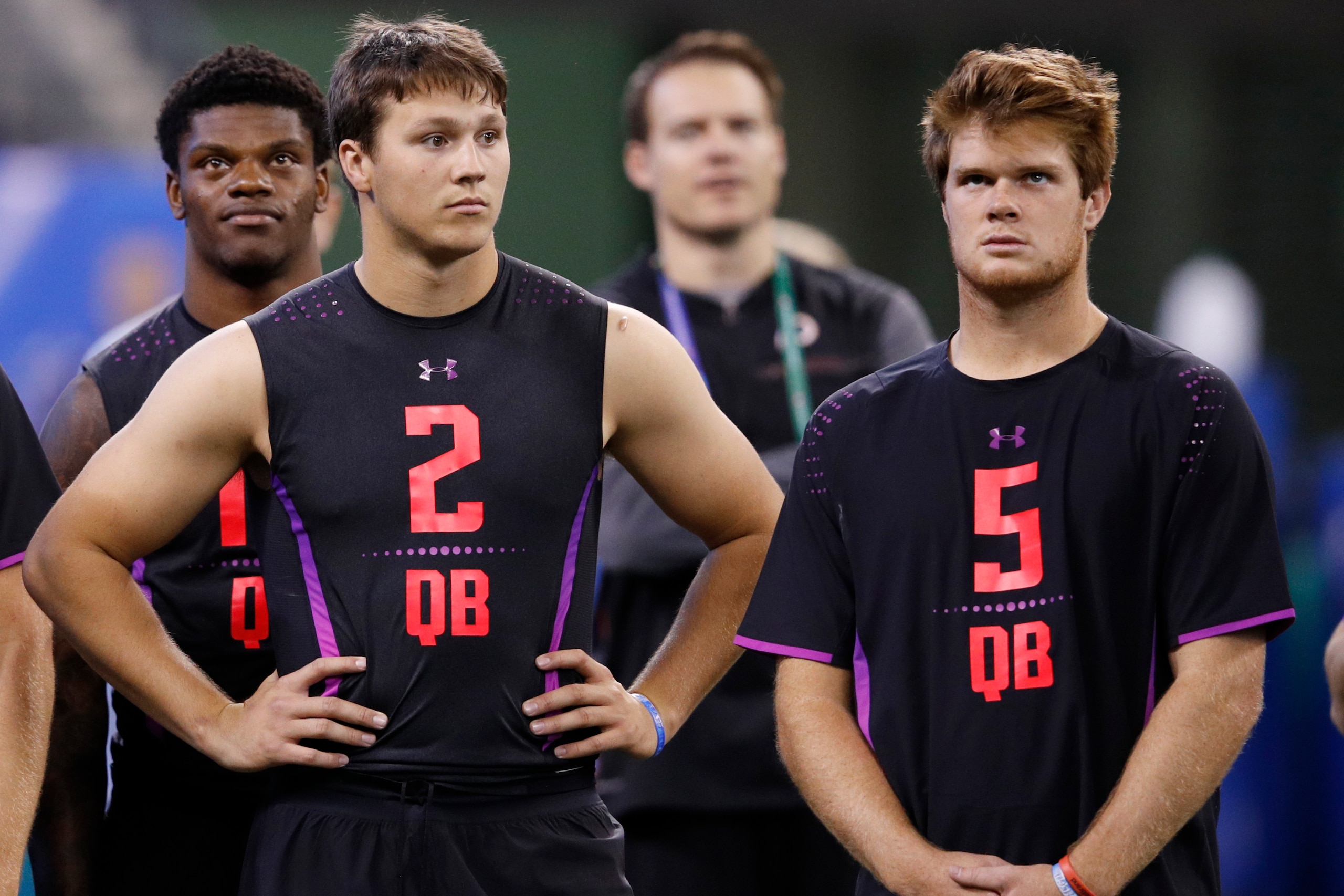 INDIANAPOLIS, IN - MARCH 03: USC quarterback Sam Darnold (right) and Wyoming quarterback Josh Allen look on during the NFL Combine at Lucas Oil Stadium on March 3, 2018 in Indianapolis, Indiana. (Photo by Joe Robbins/Getty Images)