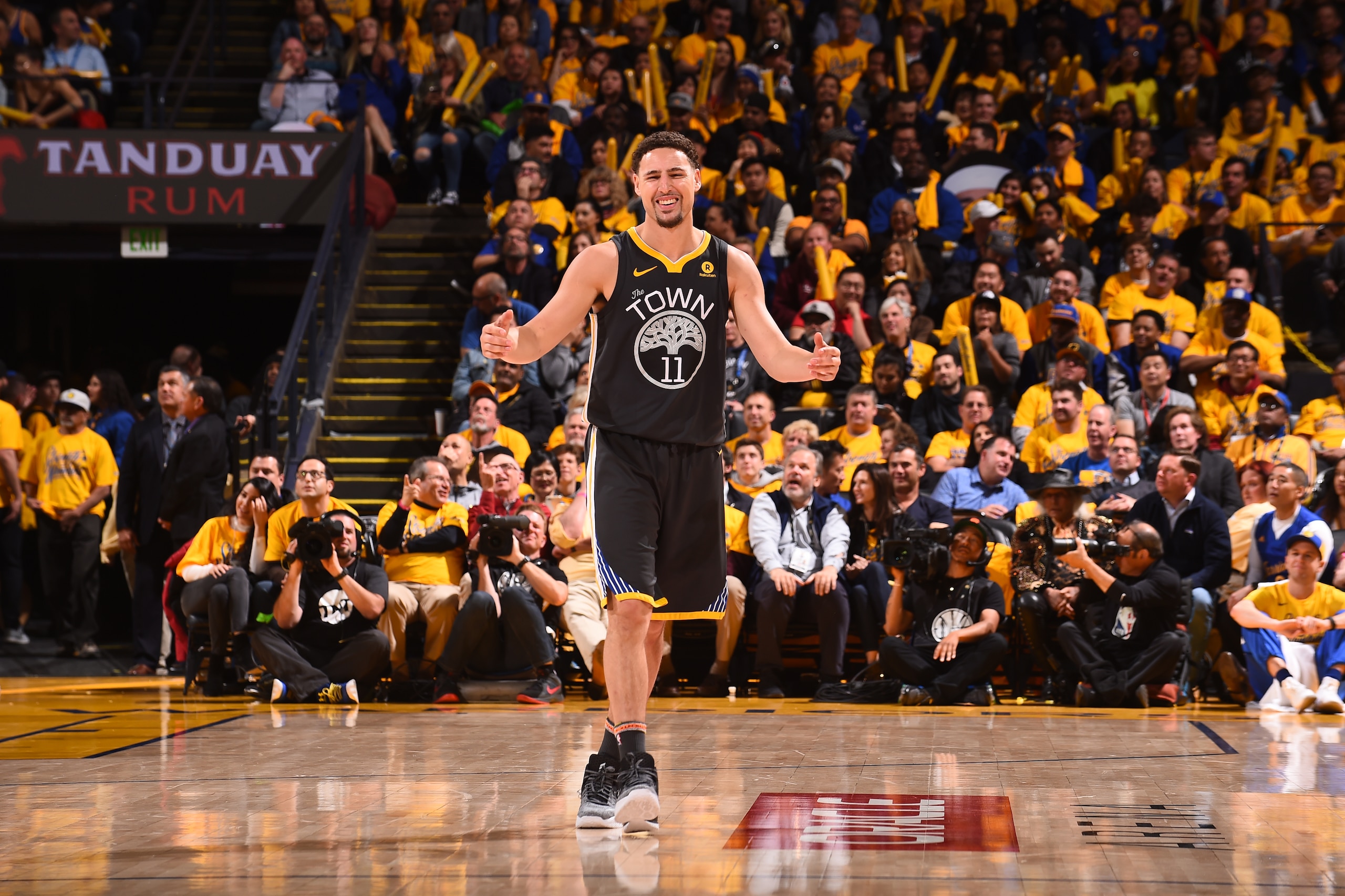 OAKLAND, CA - APRIL 16:  Klay Thompson #11 of the Golden State Warriors reacts during Game Two of Round One of the 2018 NBA Playoffs against the San Antonio Spurs on April 16, 2018 at ORACLE Arena in Oakland, California. NOTE TO USER: User expressly ackno