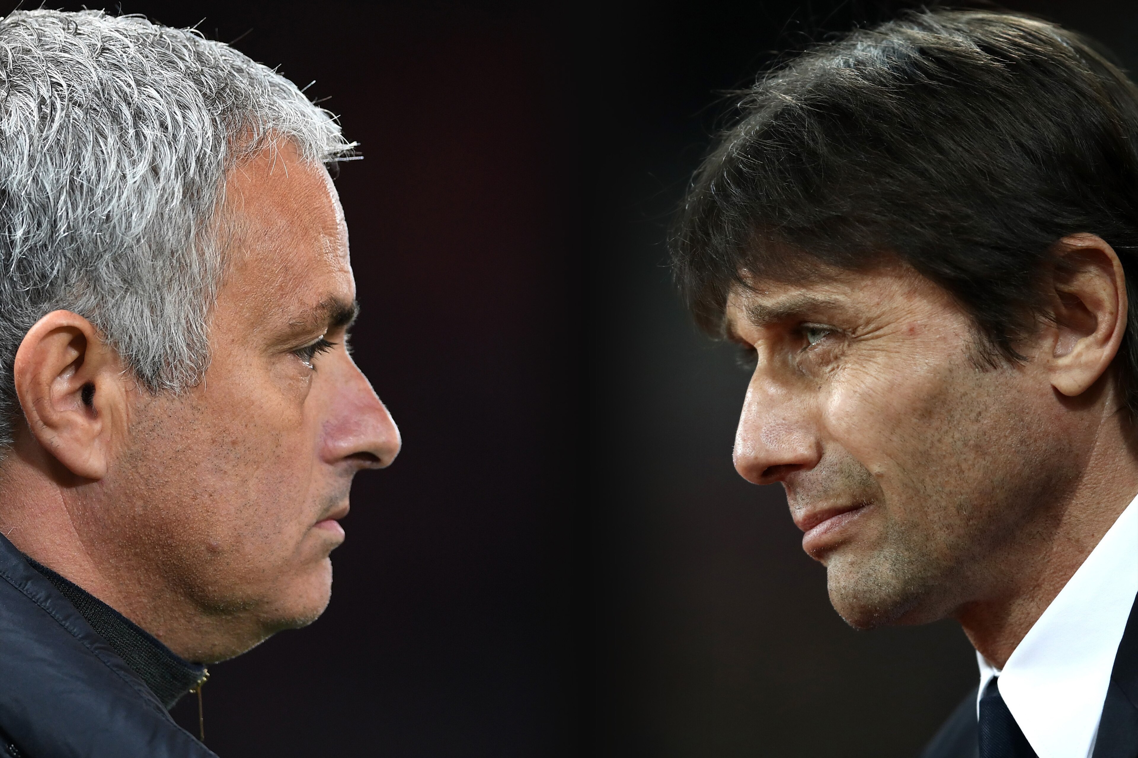 FILE PHOTO (EDITORS NOTE: GRADIENT ADDED - COMPOSITE OF TWO IMAGES - Image numbers (L) 615867896 and 648790080) In this composite image a comparision has been made between Jose Mourinho,Manager of Manchester United (L) and Antonio Conte, Manager of Chelse