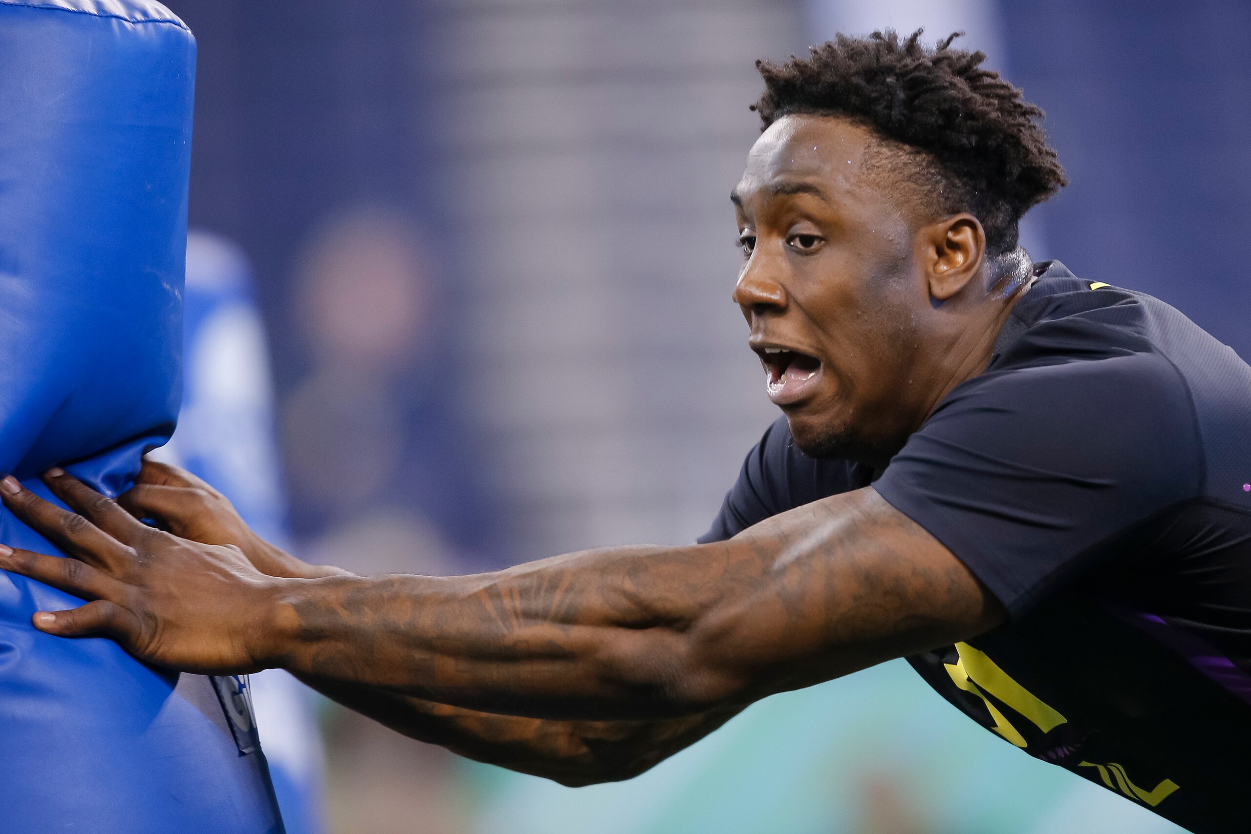 INDIANAPOLIS, IN - MARCH 04:  Ohio State defensive lineman Jalyn Holmes (DL36) during the NFL Scouting Combine at Lucas Oil Stadium on March , 2018 in Indianapolis, Indiana. (Photo by Michael Hickey/Getty Images)