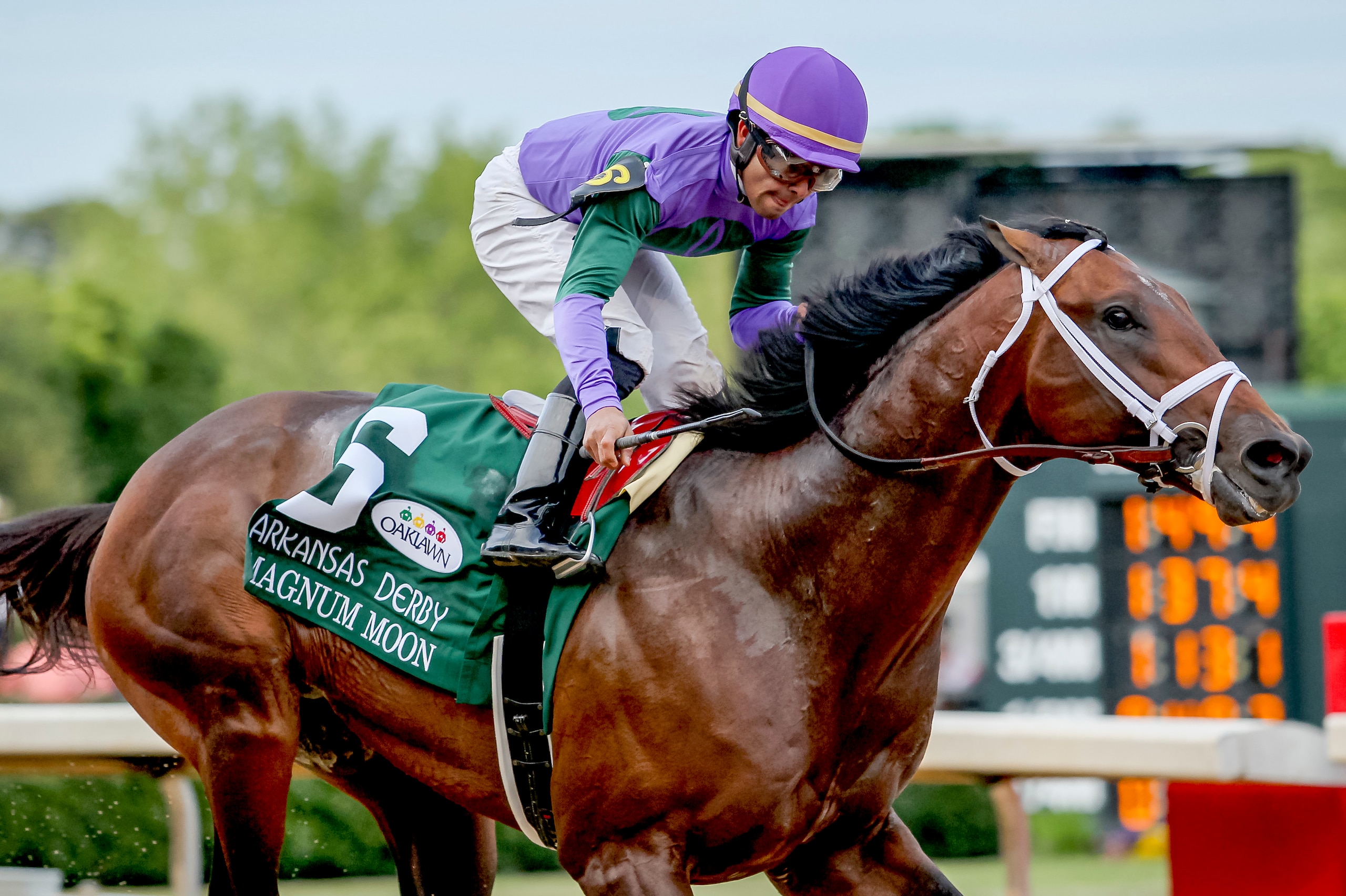 HOT SPRINGS, AR - APRIL 14: Magnum Moon #6, with jockey Luis Saez, extends his lead to win the Arkansas Derby at Oaklawn Park on April 14, 2018 in Hot Springs, Arkansas. (Photo by Justin Manning/Eclipse Sportswire/Getty Images)
