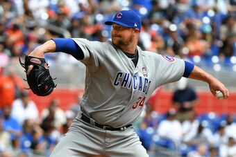MIAMI, FL - MARCH 29: Jon Lester #34 of the Chicago Cubs pitches in the first inning of Opening Day against the Miami Marlins at Marlins Park on March 29, 2018 in Miami, Florida. (Photo by B51/Mark Brown/Getty Images) *** Local Caption *** Jon Lester