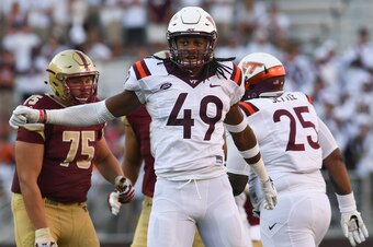 BLACKSBURG, VA - SEPTEMBER 17: Linebacker Tremaine Edmunds #49 of the Virginia Tech Hokies reacts following a defensive stop against the Boston College Eagles in the second half at Lane Stadium on September 17, 2016 in Blacksburg, Virginia. Virginia Tech 