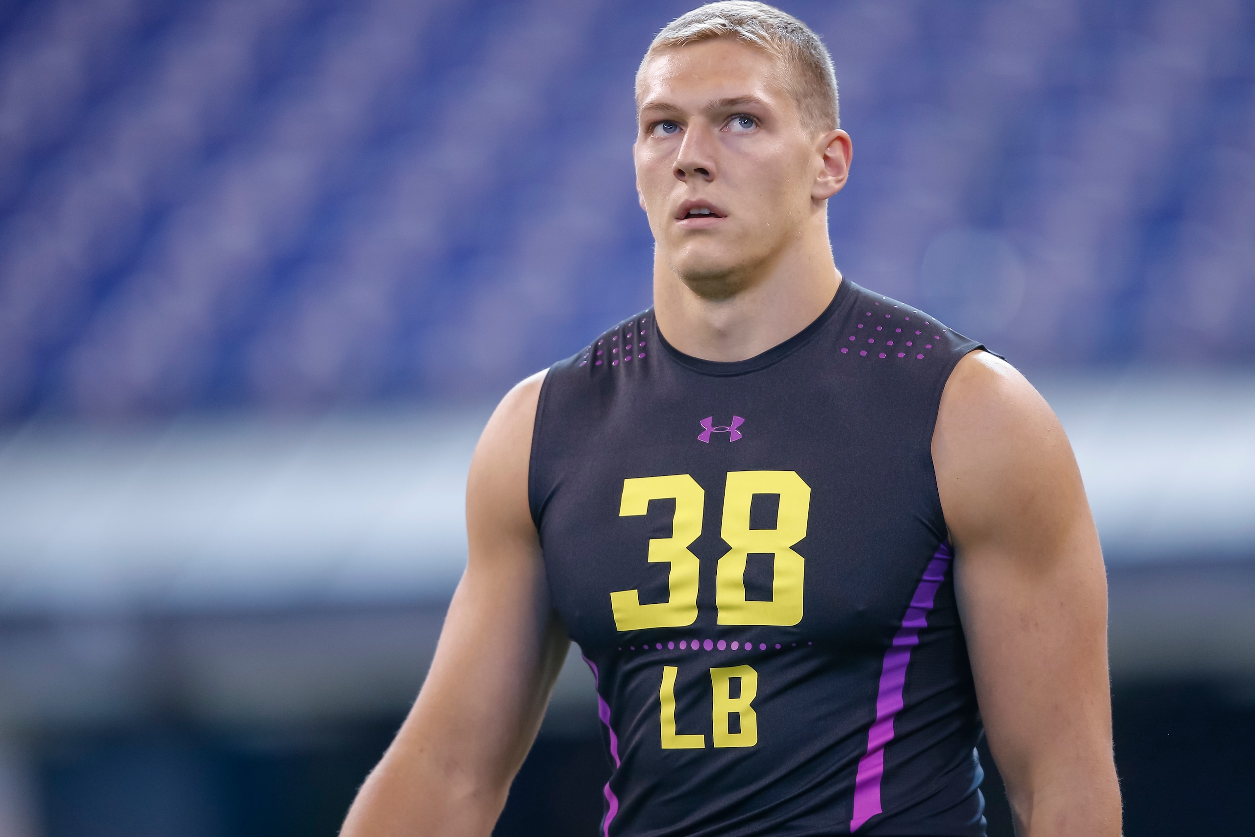 INDIANAPOLIS, IN - MARCH 04: Boise State linebacker Leighton Vander Esch (LB38) is seen during the NFL Scouting Combine at Lucas Oil Stadium on March , 2018 in Indianapolis, Indiana. (Photo by Michael Hickey/Getty Images)