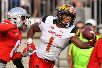 COLUMBUS, OH - OCTOBER 7:  D.J. Moore #1 of the Maryland Terrapins attempts to catch a pass against the Ohio State Buckeyes at Ohio Stadium on October 7, 2017 in Columbus, Ohio.  (Photo by Jamie Sabau/Getty Images)