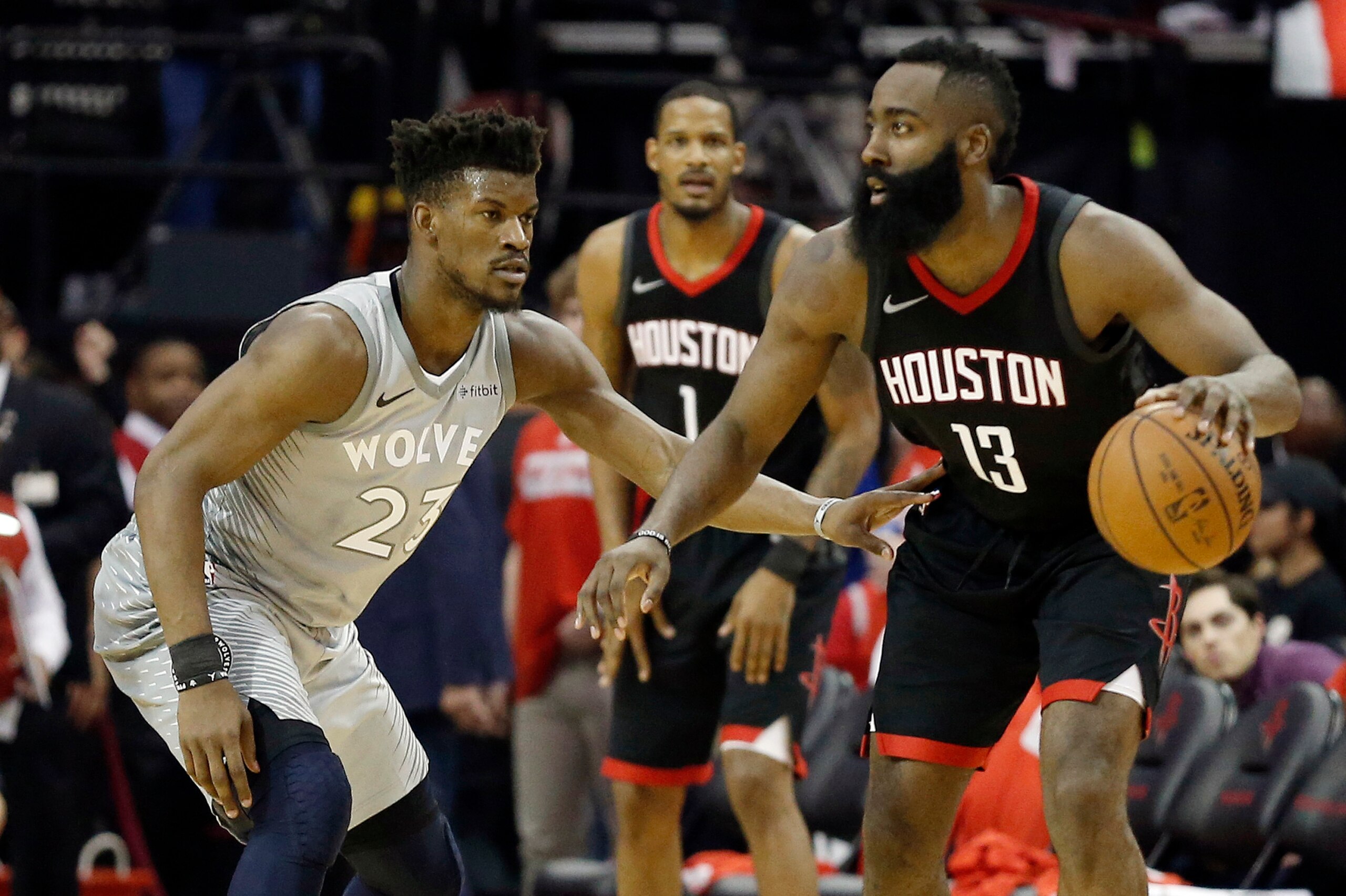 HOUSTON, TX - APRIL 18: James Harden #13 of the Houston Rockets is defended by Jimmy Butler #23 of the Minnesota Timberwolves during Game Two of the first round of the Western Conference playoffs at Toyota Center on April 18, 2018 in Houston, Texas. NOTE HOUSTON, TX - APRIL 18: James Harden #13 of the Houston Rockets is defended by Jimmy Butler #23 of the Minnesota Timberwolves during Game Two of the first round of the Western Conference playoffs at Toyota Center on April 18, 2018 in Houston, Texas. NOTE