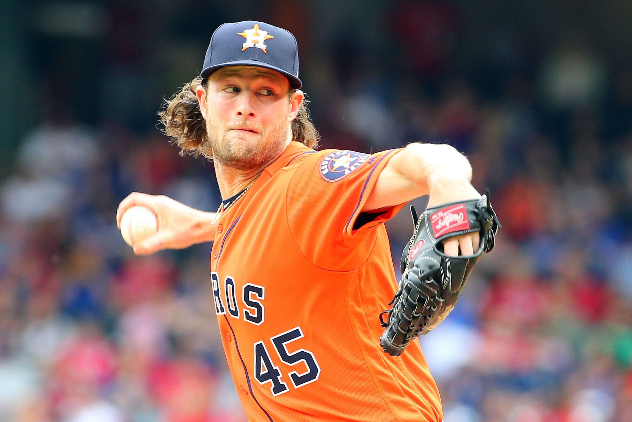 ARLINGTON, TX - APRIL 01: Gerrit Cole #45 of the Houston Astros throws in the first inning against the Texas Rangers at Globe Life Park in Arlington on April 1, 2018 in Arlington, Texas. (Photo by Rick Yeatts/Getty Images) *** Local Caption *** Gerrit Col