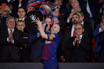 MADRID, SPAIN - APRIL 21: Andres Iniesta of Barcelona celebrates with the trophy at the end of the Spanish Copa del Rey Final match between Barcelona and Sevilla at Wanda Metropolitano on April 21, 2018 in Madrid, Spain. (Photo by Quality Sport Images/Get