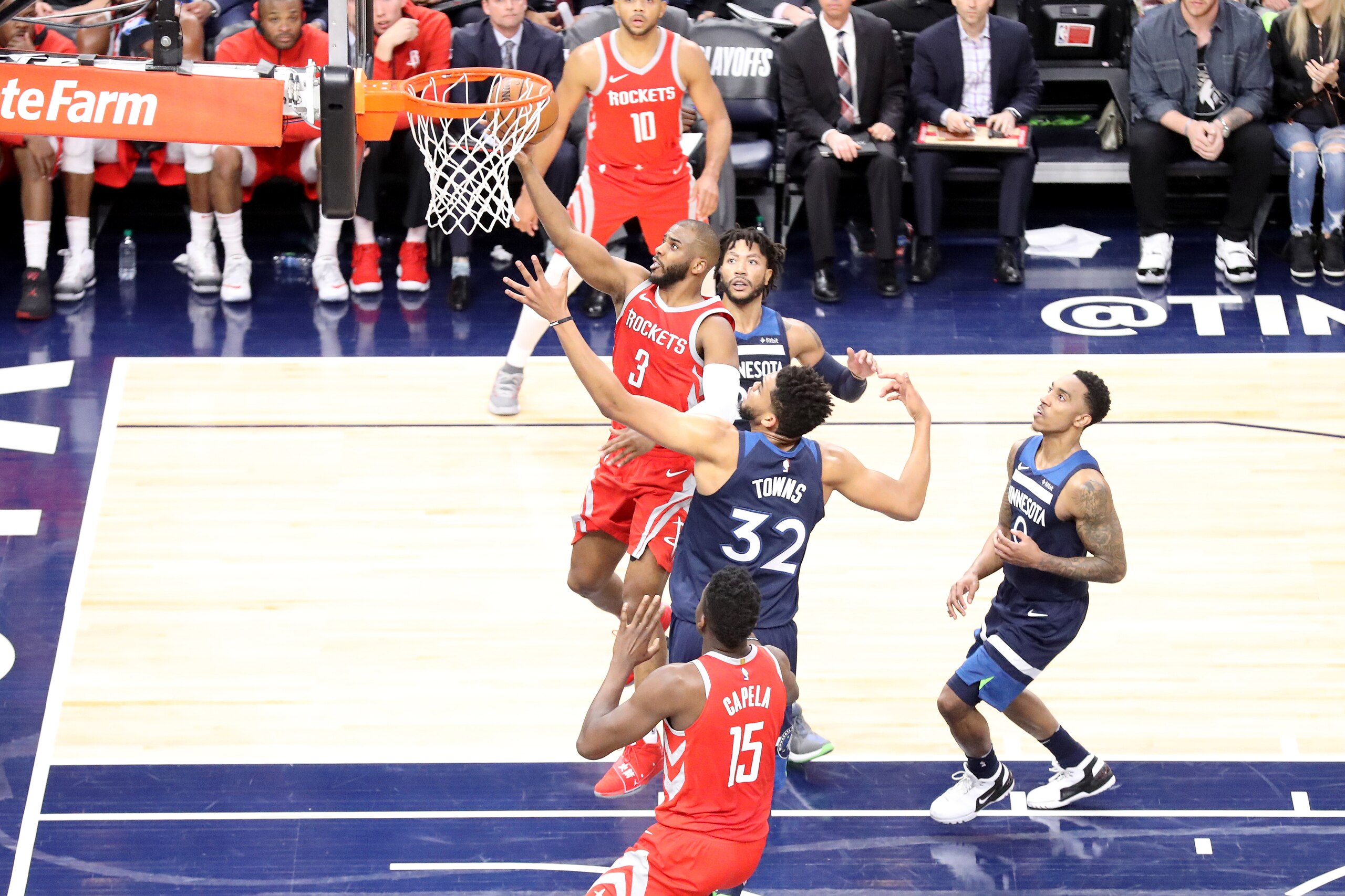 MINNEAPOLIS, MN - APRIL 23: Chris Paul #3 of the Houston Rockets goes to the basket against the Minnesota Timberwolves in Game Four of Round One of the 2018 NBA Playoffs on April 23, 2018 at Target Center in Minneapolis, Minnesota. NOTE TO USER: User expr