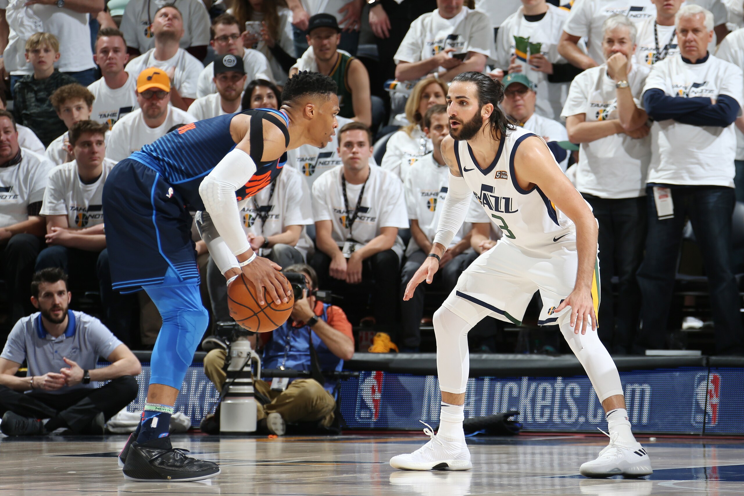SALT LAKE CITY, UT - APRIL 23: Russell Westbrook #0 of the Oklahoma City Thunder handles the ball against Ricky Rubio #3 of the Utah Jazz in Game Four of Round One of the 2018 NBA Playoffs on April 23, 2018 at vivint.SmartHome Arena in Salt Lake City, Uta
