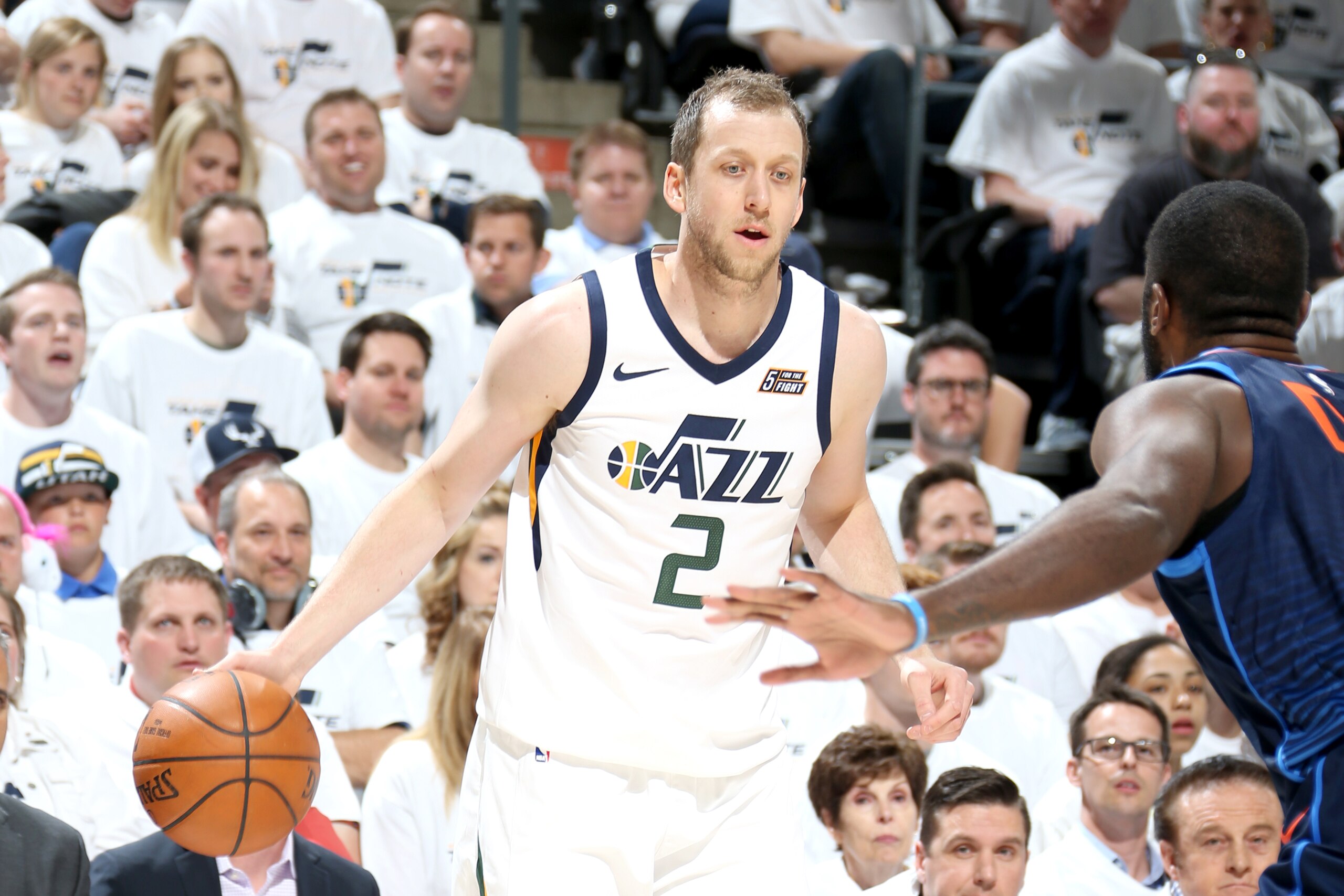 SALT LAKE CITY, UT - APRIL 23: Joe Ingles #2 of the Utah Jazz handles the ball against the Oklahoma City Thunder in Game Four of Round One of the 2018 NBA Playoffs on April 23, 2018 at vivint.SmartHome Arena in Salt Lake City, Utah. NOTE TO USER: User exp