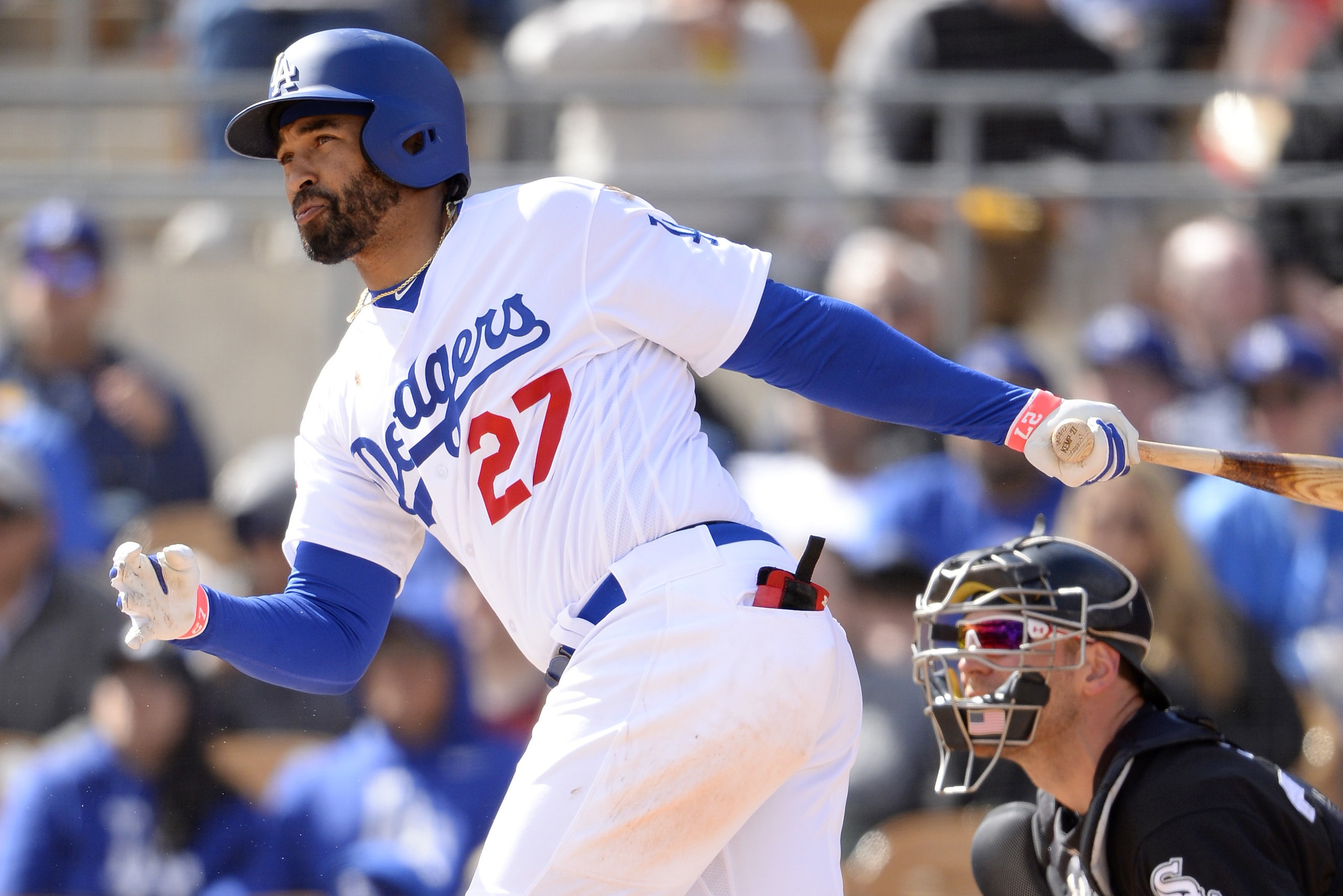 GLENDALE, ARIZONA - FEBRUARY 23:  Matt Kemp #27 of the Los Angeles Dodgers bats during the game against the Chicago White Sox on February 23, 2018 at Camelback Ranch in Glendale Arizona.  (Photo by Ron Vesely/MLB Photos via Getty Images)