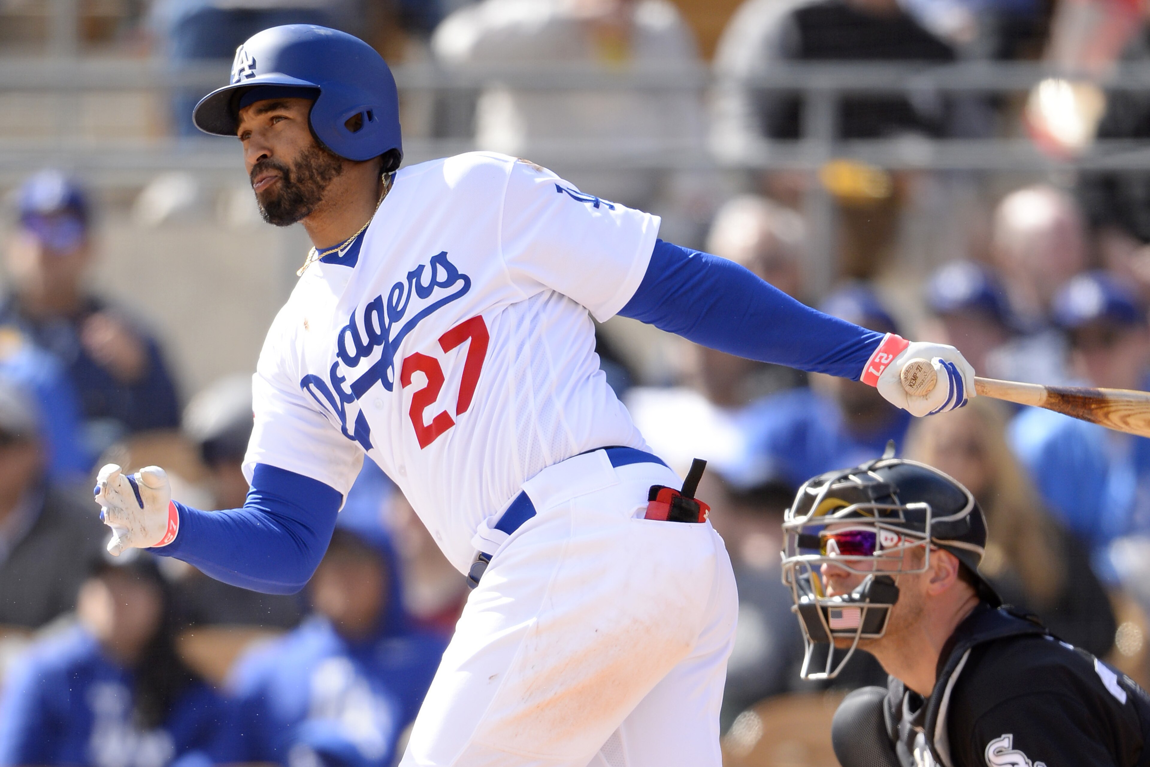 GLENDALE, ARIZONA - FEBRUARY 23: Matt Kemp #27 of the Los Angeles Dodgers bats during the game against the Chicago White Sox on February 23, 2018 at Camelback Ranch in Glendale Arizona. (Photo by Ron Vesely/MLB Photos via Getty Images) GLENDALE, ARIZONA - FEBRUARY 23: Matt Kemp #27 of the Los Angeles Dodgers bats during the game against the Chicago White Sox on February 23, 2018 at Camelback Ranch in Glendale Arizona. (Photo by Ron Vesely/MLB Photos via Getty Images)