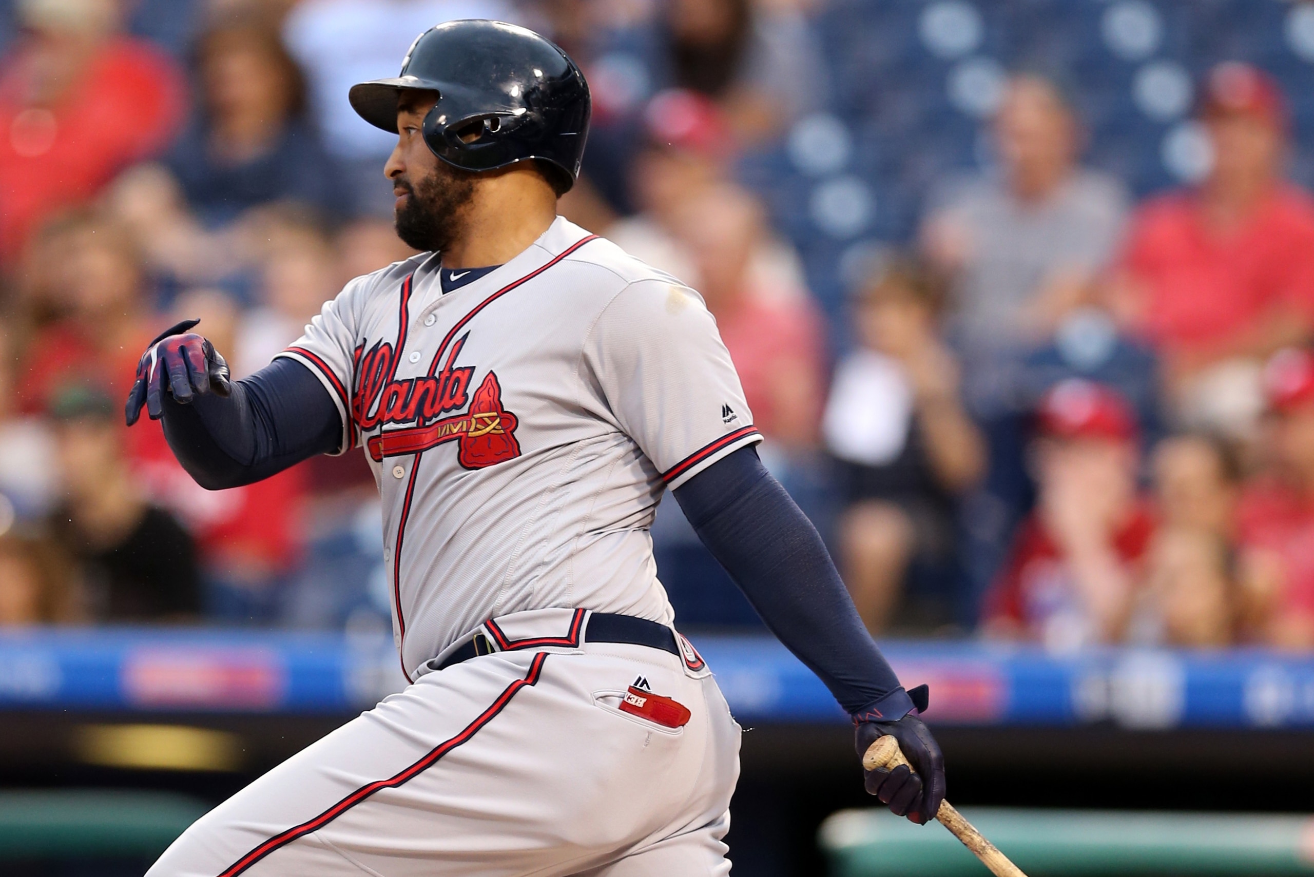 PHILADELPHIA, PA - JULY 28:  Matt Kemp #27 of the Atlanta Braves bats during the game against the Philadelphia Phillies at Citizens Bank Park on July 28, 2017 in Philadelphia, PA.  The Phillies defeated the Braves 10-3.  (Photo by Rob Leiter/MLB Photos vi