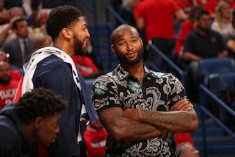 NEW ORLEANS, LA - APRIL 19: Anthony Davis #23 of the New Orleans Pelicans and DeMarcus Cousins #0 of the New Orleans Pelicans speak during the game against the Portland Trail Blazers in Game Three of Round One of the 2018 NBA Playoffs on April 19, 2018 at NEW ORLEANS, LA - APRIL 19: Anthony Davis #23 of the New Orleans Pelicans and DeMarcus Cousins #0 of the New Orleans Pelicans speak during the game against the Portland Trail Blazers in Game Three of Round One of the 2018 NBA Playoffs on April 19, 2018 at