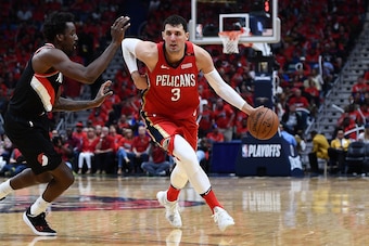NEW ORLEANS, LA - APRIL 21: Nikola Mirotic #3 of the New Orleans Pelicans drives to the basket against Al-Farouq Aminu #8 of the Portland Trail Blazers during Game Four of the first round of the Western Conference playoffs at the Smoothie King Center on NEW ORLEANS, LA - APRIL 21: Nikola Mirotic #3 of the New Orleans Pelicans drives to the basket against Al-Farouq Aminu #8 of the Portland Trail Blazers during Game Four of the first round of the Western Conference playoffs at the Smoothie King Center on