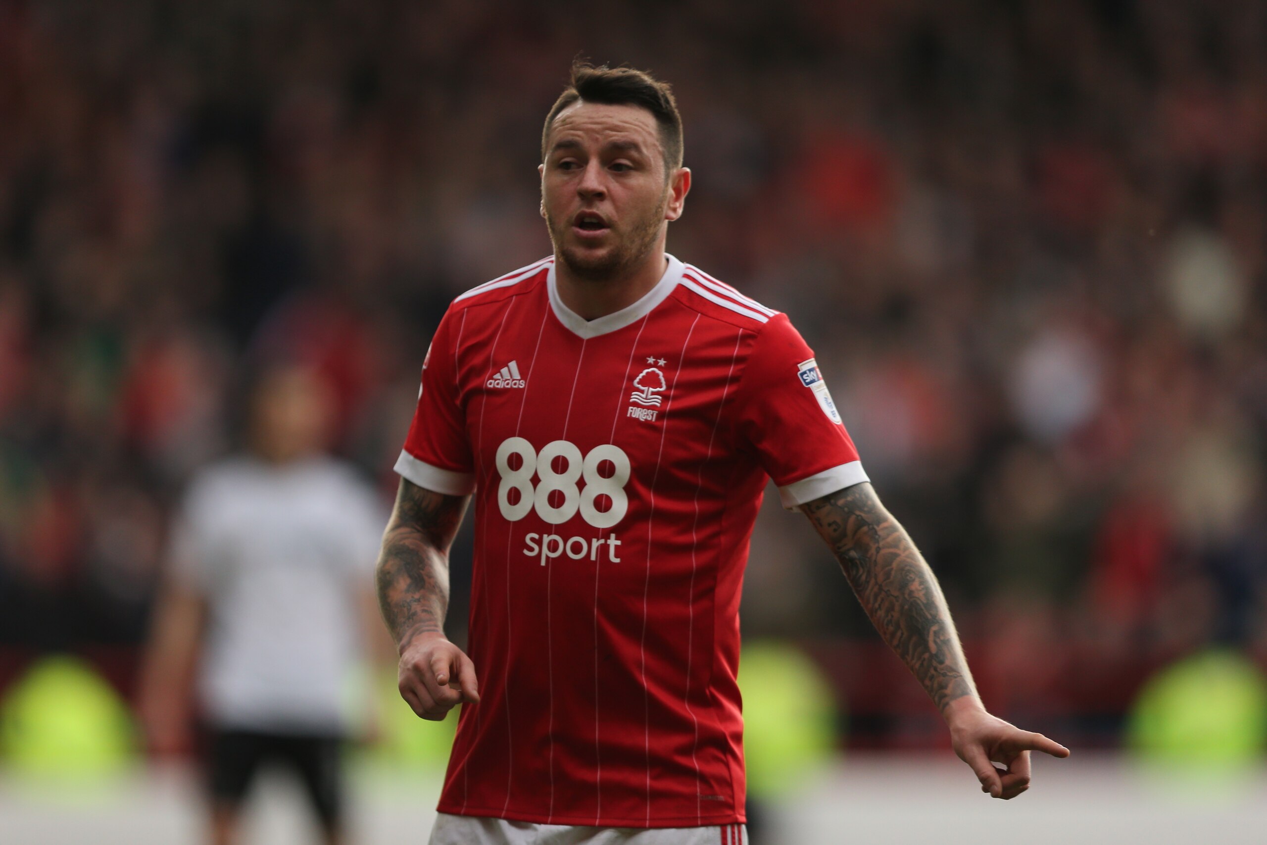 NOTTINGHAM, ENGLAND - MARCH 11: Lee Tomlin of Nottingham Forest during the Sky Bet Championship match between Nottingham Forest and  Derby County at City Ground on March 11, 2018 in Nottingham, England. (Photo by James Williamson - AMA/Getty Images)
