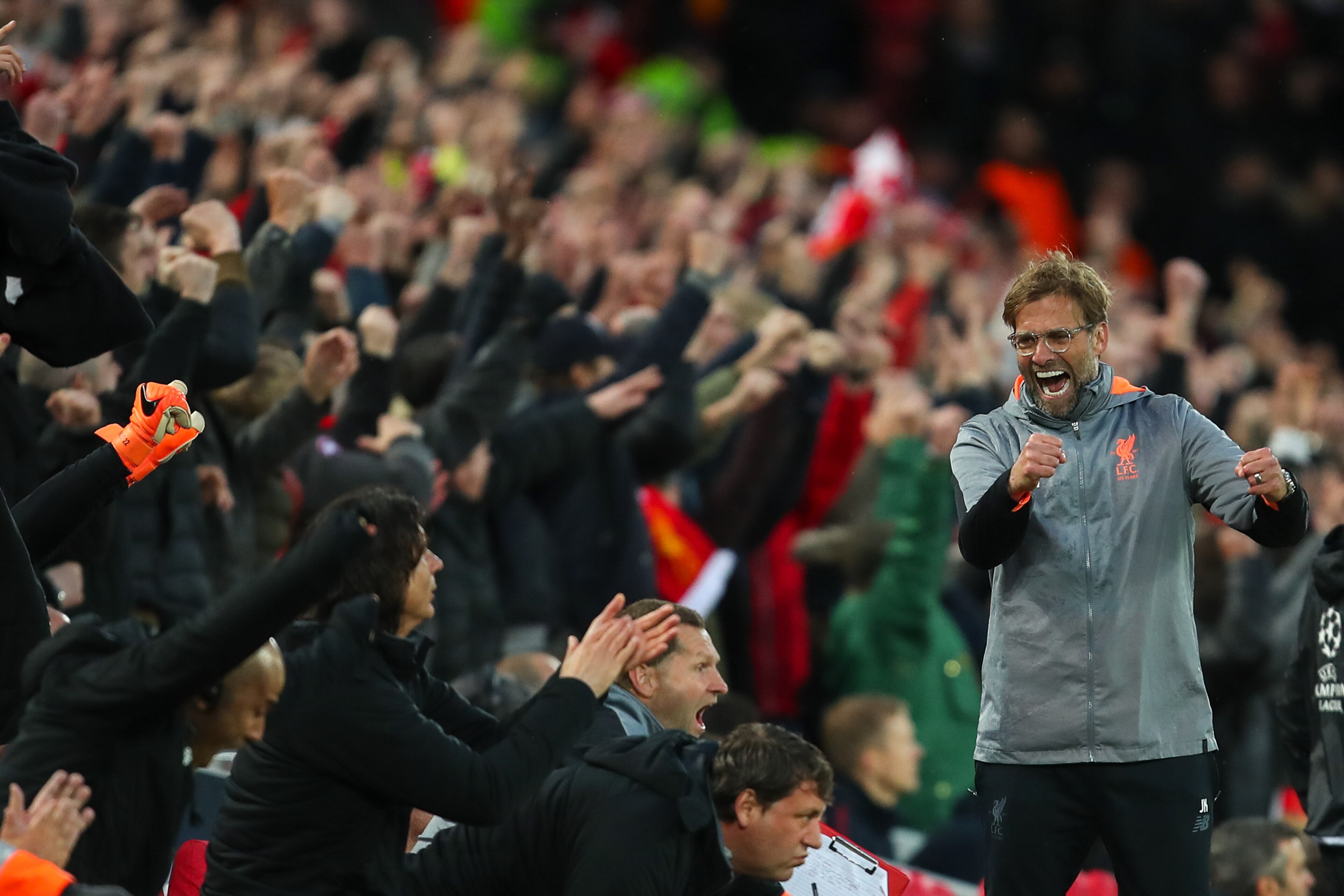 LIVERPOOL, ENGLAND - APRIL 24: Jurgen Klopp manager / head coach of Liverpool celebrates the first goal during the UEFA Champions League Semi Final First Leg match between Liverpool and A.S. Roma at Anfield on April 24, 2018 in Liverpool, United Kingdom. 