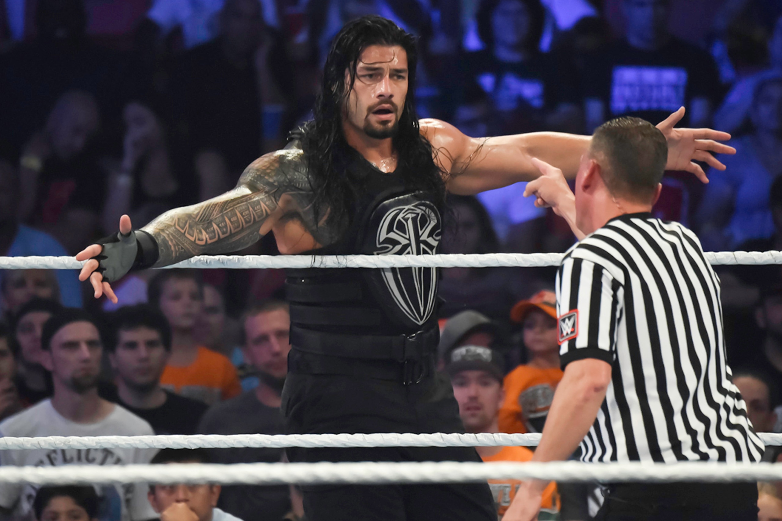 MIAMI, FL- SEPTEMBER 01: Roman Reigns reacts during the WWE Smackdown on September 1, 2015 at the American Airlines Arena in Miami, Florida.  (Photo by Ron ElkmanSports Imagery/Getty Images)