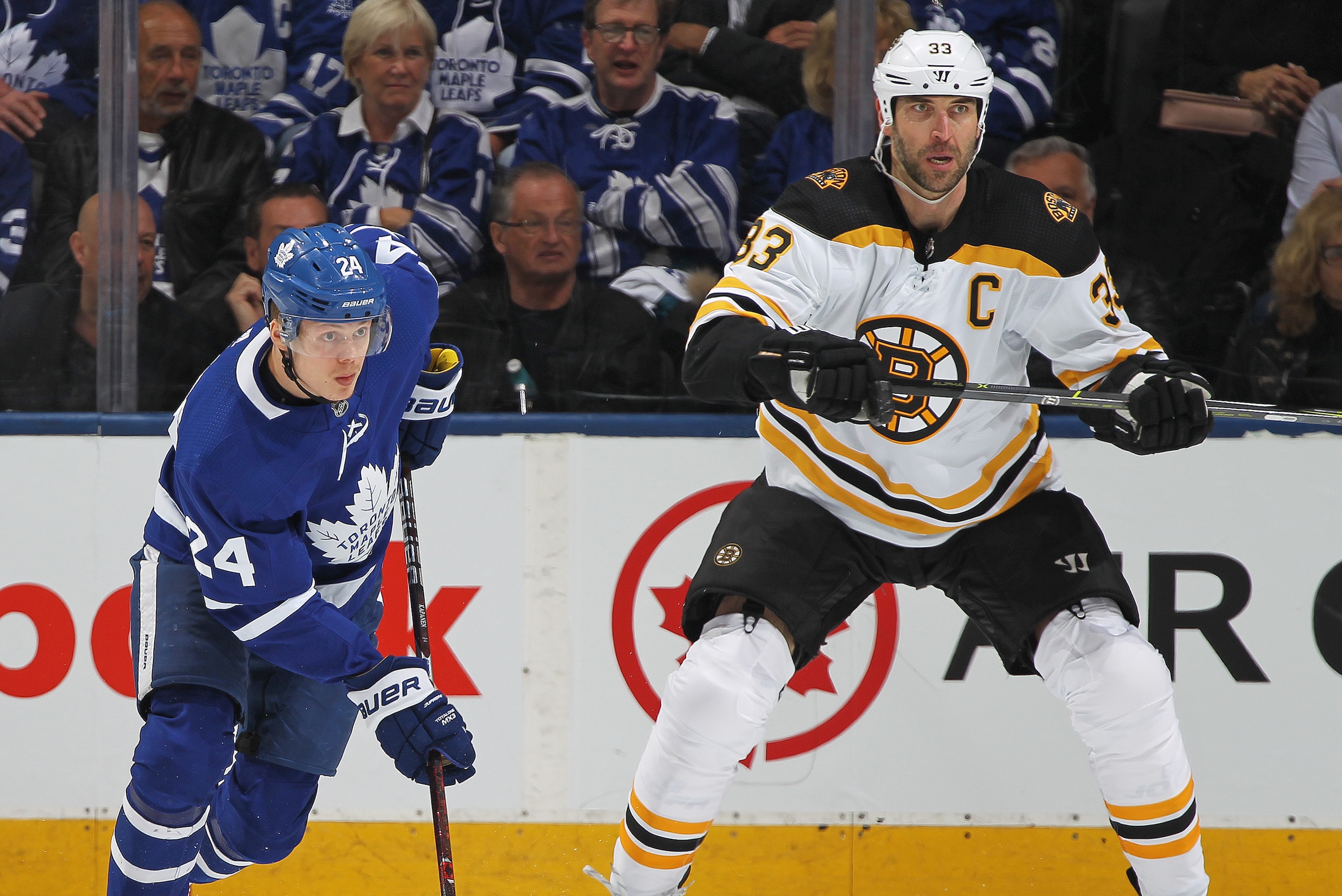 TORONTO, ON - APRIL 19: Zdeno Chara #33 of the Boston Bruins skates against Kasperi Kapanen #24 of the Toronto Maple Leafs in Game Four of the Eastern Conference First Round in the 2018 Stanley Cup play-offs at the Air Canada Centre on April 19, 2018 in TORONTO, ON - APRIL 19: Zdeno Chara #33 of the Boston Bruins skates against Kasperi Kapanen #24 of the Toronto Maple Leafs in Game Four of the Eastern Conference First Round in the 2018 Stanley Cup play-offs at the Air Canada Centre on April 19, 2018 in