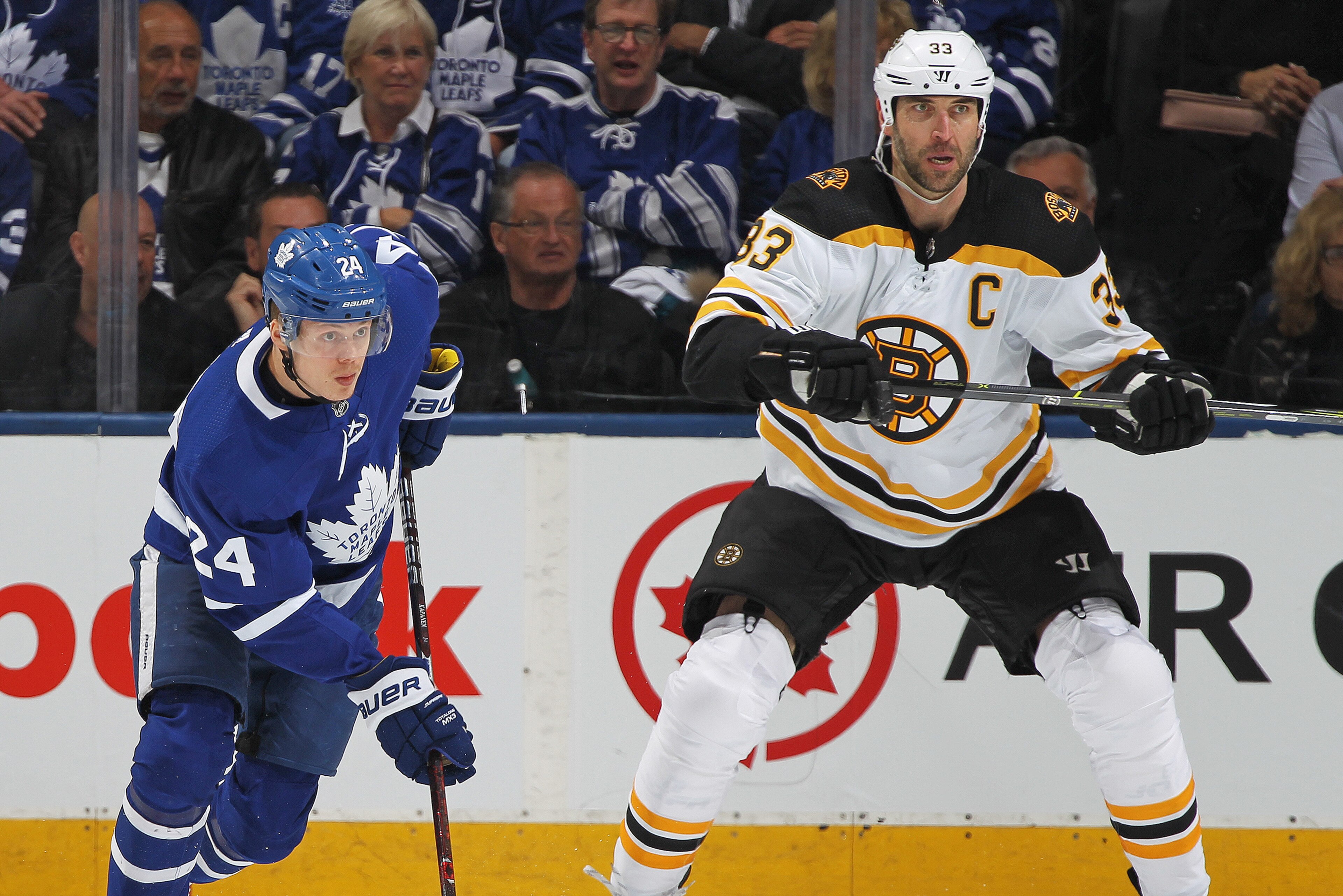 TORONTO, ON - APRIL 19: Zdeno Chara #33 of the Boston Bruins skates against Kasperi Kapanen #24 of the Toronto Maple Leafs in Game Four of the Eastern Conference First Round in the 2018 Stanley Cup play-offs at the Air Canada Centre on April 19, 2018 in TORONTO, ON - APRIL 19: Zdeno Chara #33 of the Boston Bruins skates against Kasperi Kapanen #24 of the Toronto Maple Leafs in Game Four of the Eastern Conference First Round in the 2018 Stanley Cup play-offs at the Air Canada Centre on April 19, 2018 in