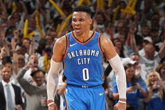OKLAHOMA CITY, OK - APRIL 25: Russell Westbrook #0 of the Oklahoma City Thunder reacts during the game against the Utah Jazz in Game Five of Round One of the 2018 NBA Playoffs on April 25, 2018 at Chesapeake Energy Arena in Oklahoma City, Oklahoma. NOTE T
