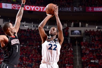 HOUSTON, TX - APRIL 25: Andrew Wiggins #22 of the Minnesota Timberwolves shoots the ball against the Houston Rockets in Game Five of the Western Conference Quarterfinals during the 2018 NBA Playoffs on April 25, 2018 at the Toyota Center in Houston, Texas
