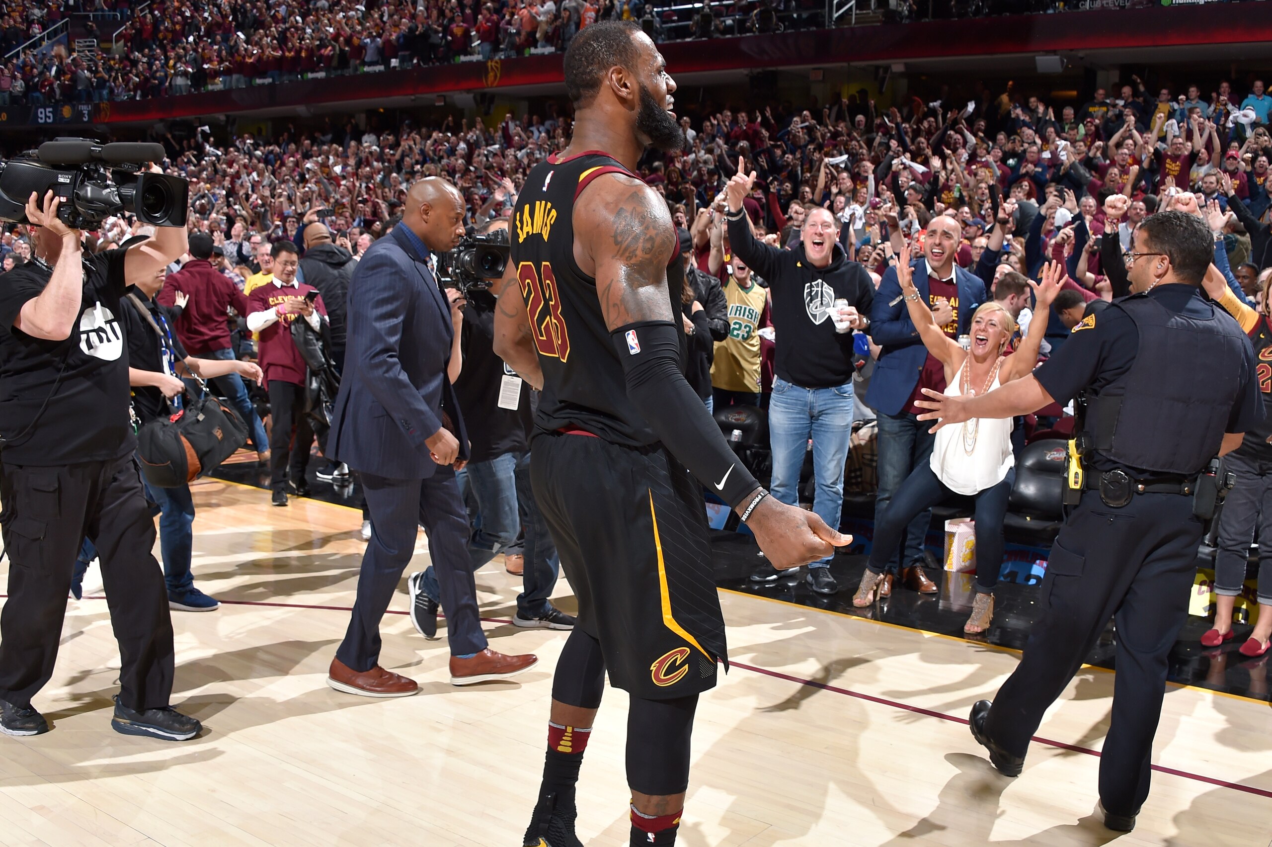 CLEVELAND, OH - APRIL 25: LeBron James #23 of the Cleveland Cavaliers celebrates a win after the game against the Indiana Pacers in Game Five of Round One of the 2018 NBA Playoffs between the Indiana Pacers and Cleveland Cavaliers on April 25, 2018 at Qui