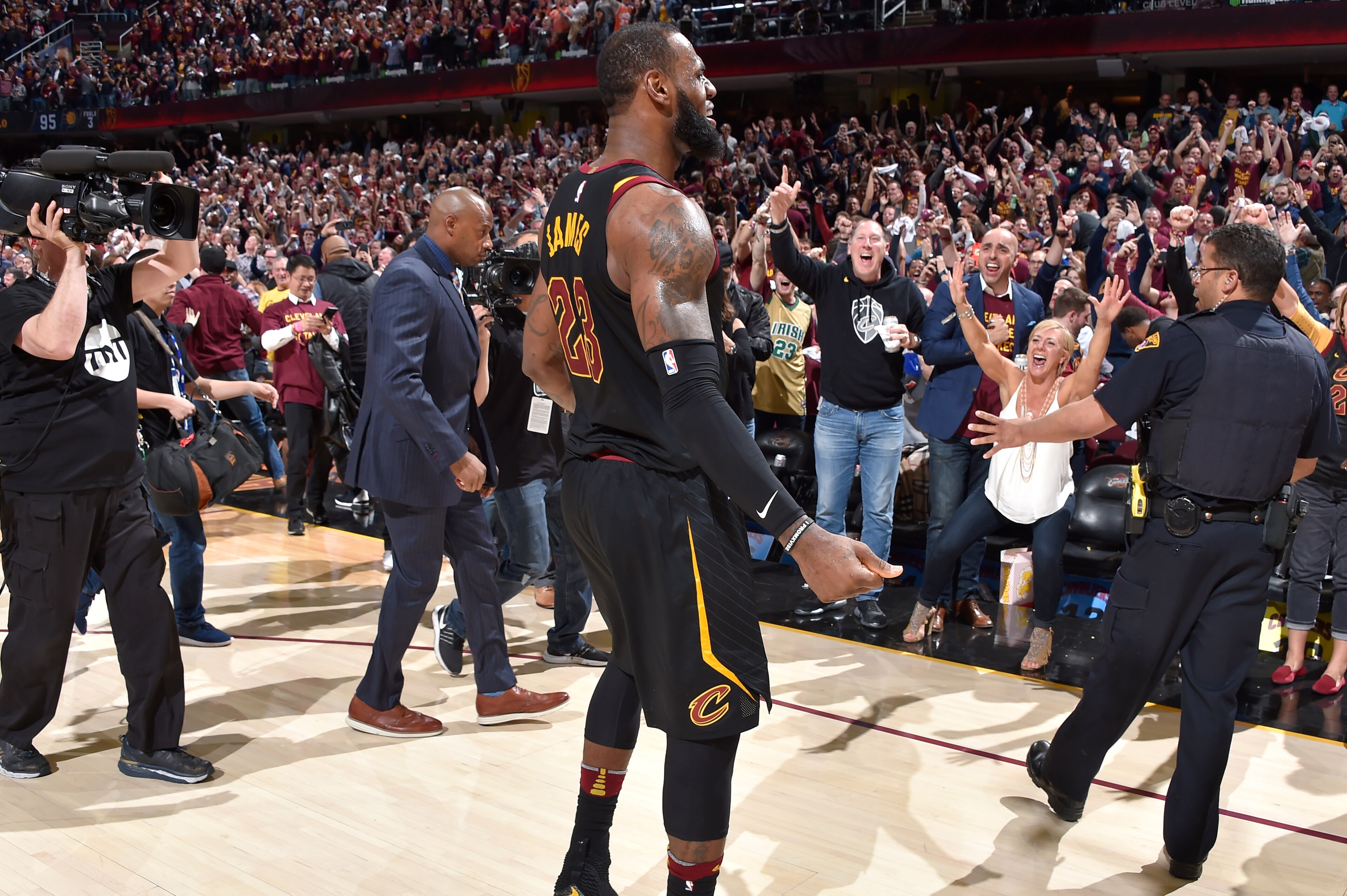 CLEVELAND, OH - APRIL 25: LeBron James #23 of the Cleveland Cavaliers celebrates a win after the game against the Indiana Pacers in Game Five of Round One of the 2018 NBA Playoffs between the Indiana Pacers and Cleveland Cavaliers on April 25, 2018 at Qui