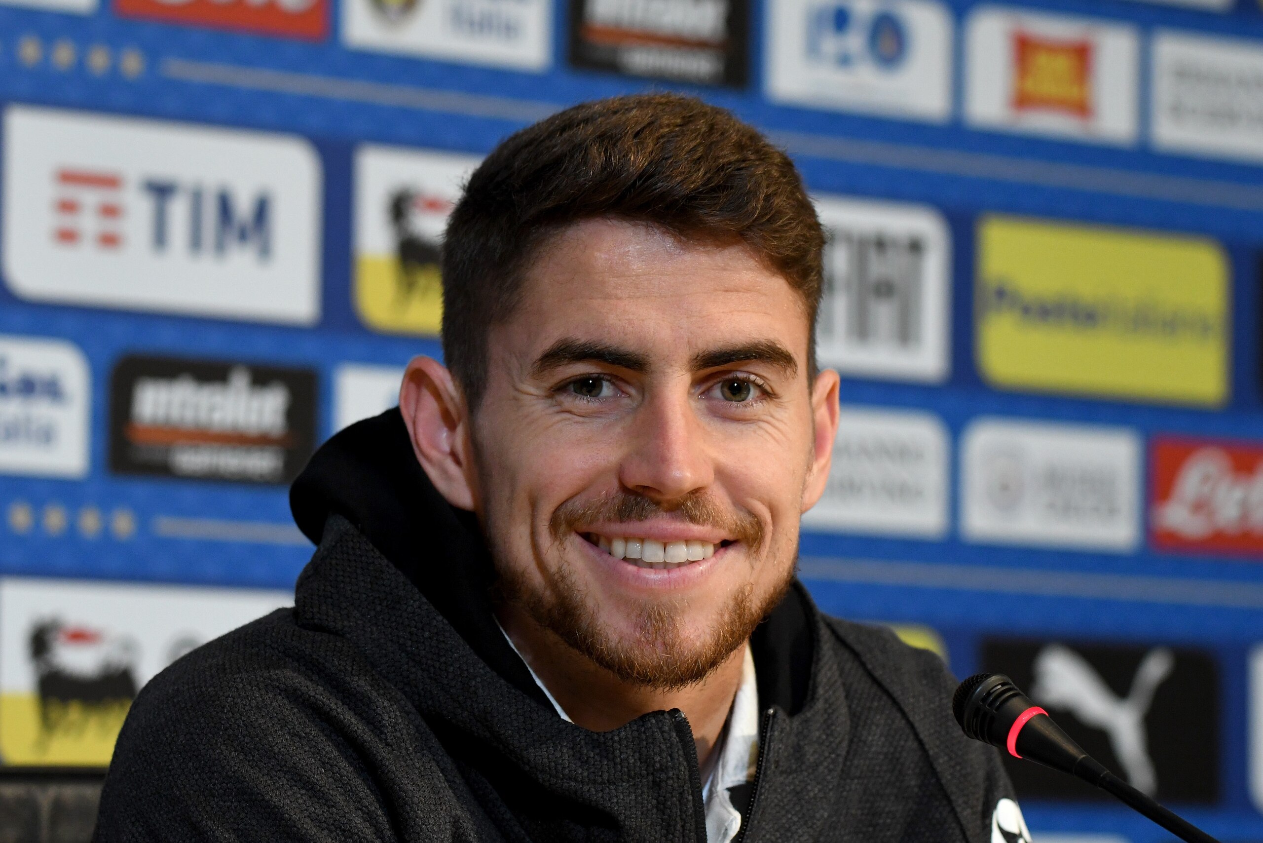 FLORENCE, ITALY - MARCH 21:  Jorginho of Italy speaks to the media during a press conference at Centro Tecnico Federale di Coverciano on March 21, 2018 in Florence, Italy.  (Photo by Claudio Villa/Getty Images)