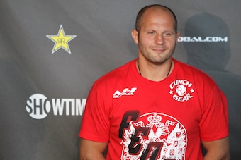 HOFFMAN ESTATES, IL - JULY 29:  Fedor Emelianenko stands on stage at the Strikeforce: Fedor vs. Henderson weigh-in at Sears Centre Arena on July 29, 2011 in Hoffman Estates, Illinois.  (Photo by Josh Hedges/Forza LLC/Forza LLC via Getty Images)