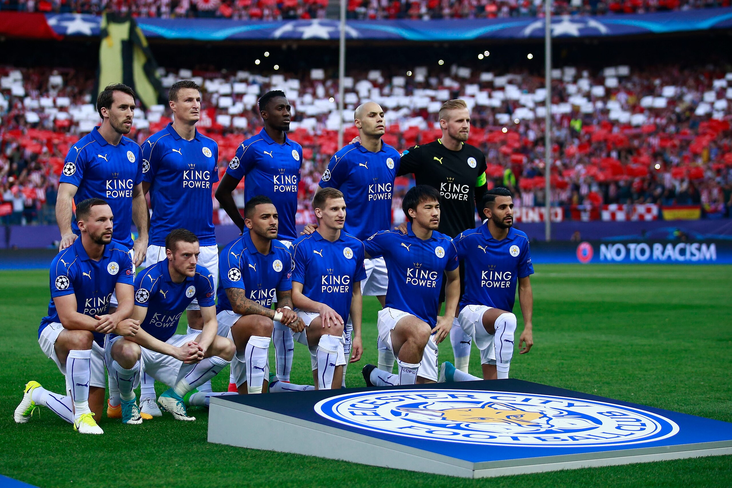 MADRID, SPAIN - APRIL 12: Leicester City FC line up prior to start the UEFA Champions League Quarter Final first leg match between Club Atletico de Madrid and Leicester City at Vicente Calderon Stadium on April 12, 2017 in Madrid, Spain.  (Photo by Gonzal