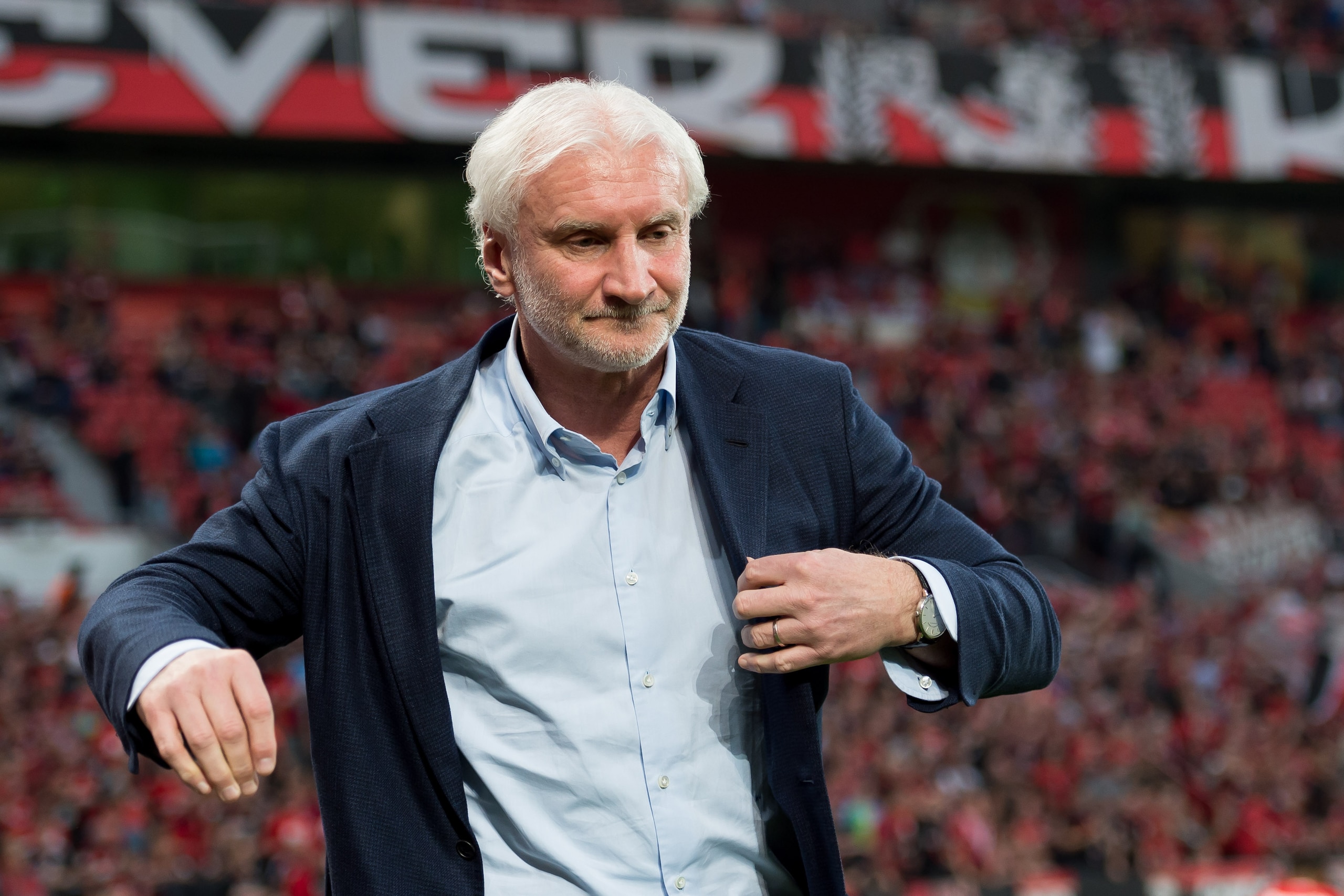 LEVERKUSEN, GERMANY - APRIL 17: Sporting director Rudi Voeller of Leverkusen gestures prior to the DFB Cup semi final match between Bayer 04 Leverkusen and Bayern Munchen at BayArena on April 17, 2018 in Leverkusen, Germany. (Photo by TF-Images/Getty Imag
