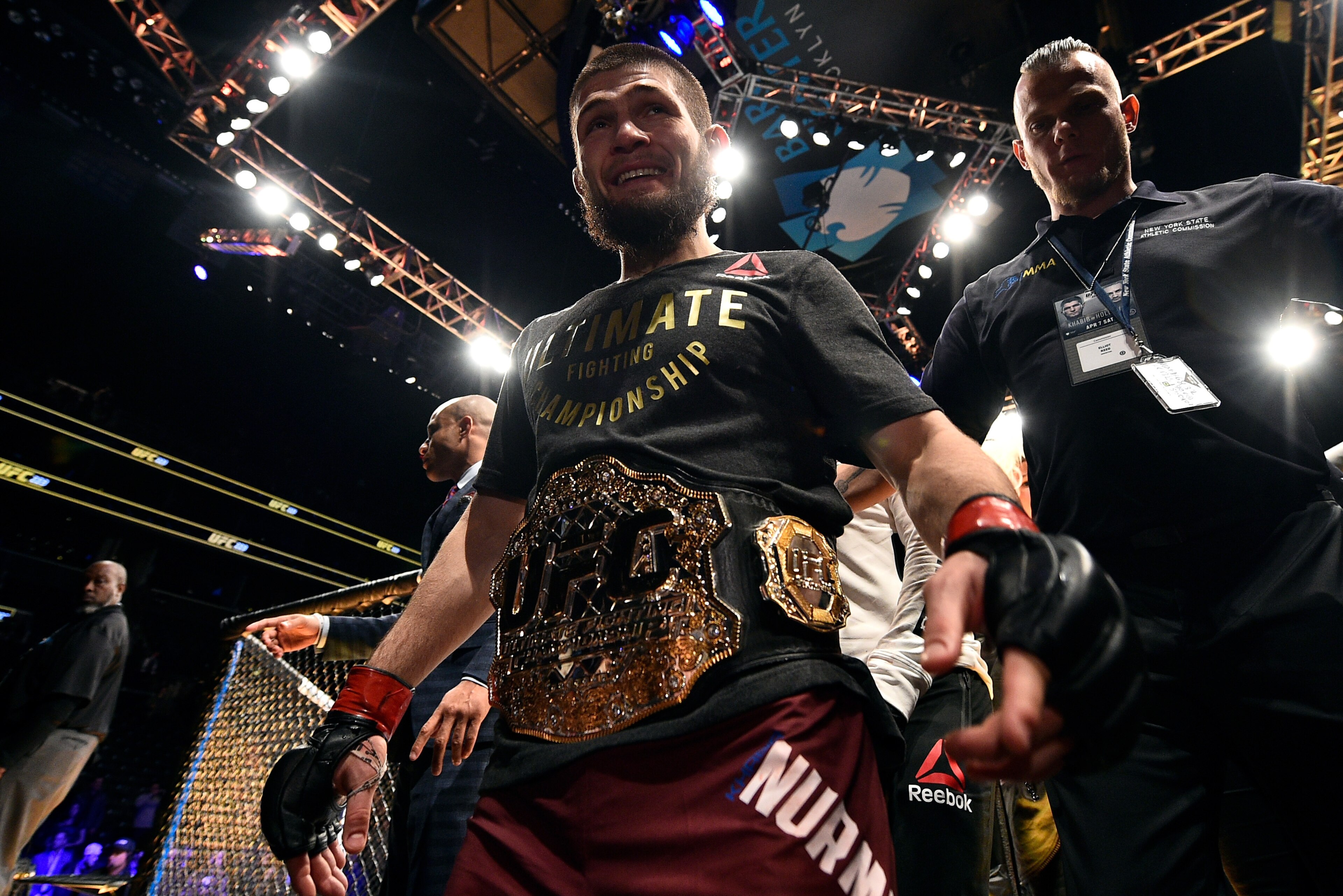 BROOKLYN, NEW YORK - APRIL 07:  Khabib Nurmagomedov of Russia celebrates after his unanimous-decision victory over Al Iaquinta in their lightweight title bout during the UFC 223 event inside Barclays Center on April 7, 2018 in Brooklyn, New York. (Photo b