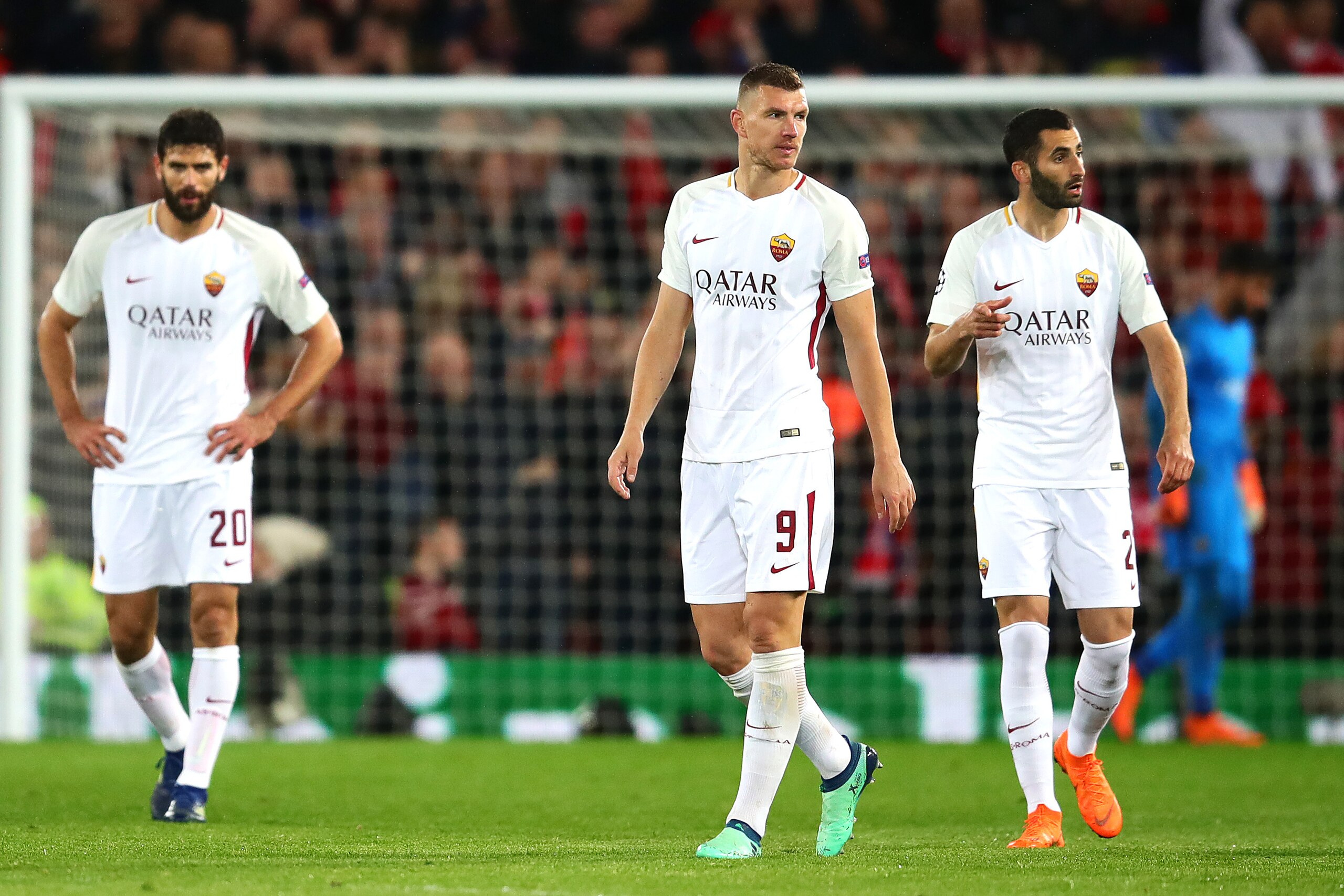 LIVERPOOL, ENGLAND - APRIL 24: Edin Dzeko of AS Roma looks dejected during the UEFA Champions League Semi Final First Leg match between Liverpool and A.S. Roma at Anfield on April 24, 2018 in Liverpool, United Kingdom. (Photo by Chris Brunskill Ltd/Getty 