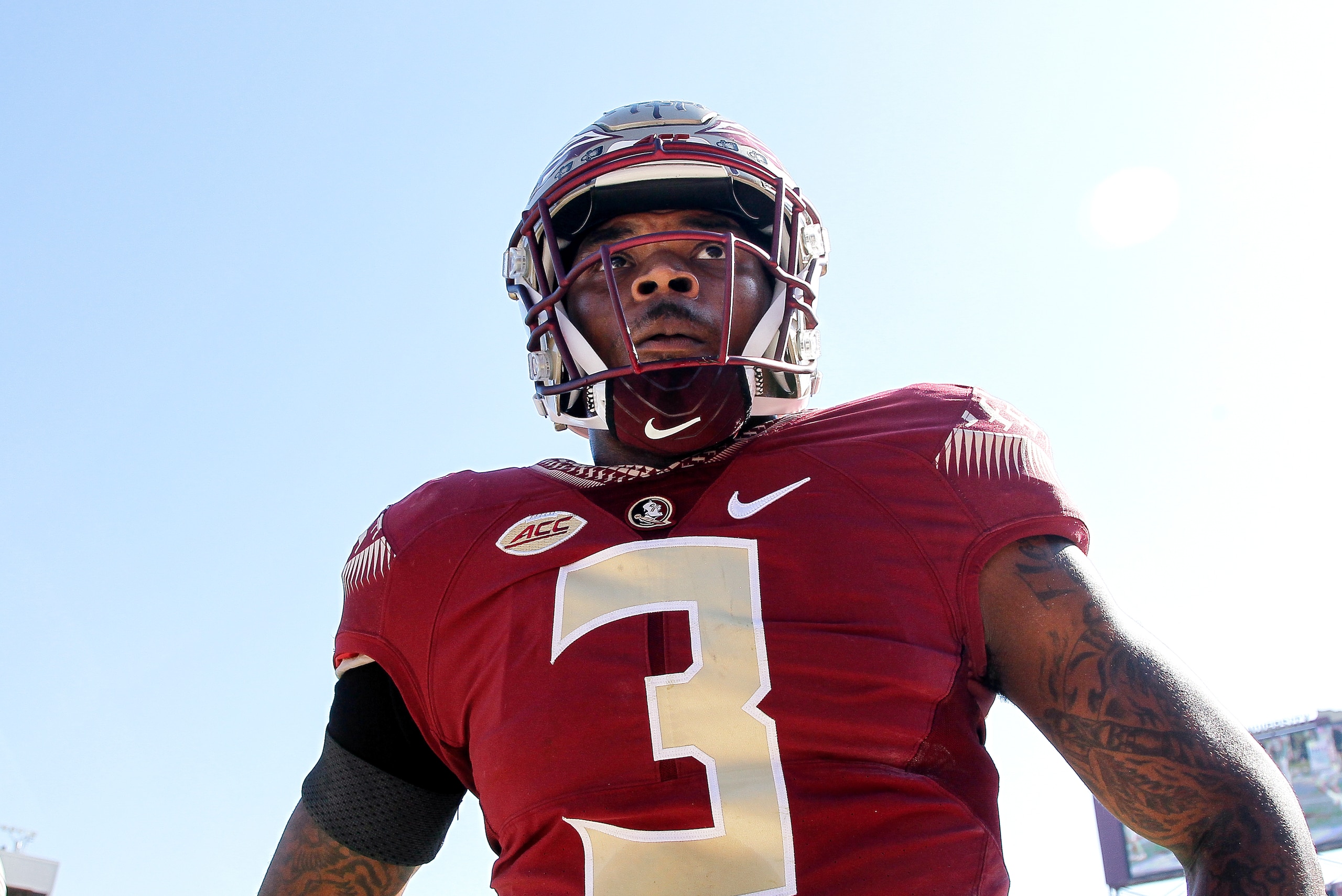 TALLAHASSEE, FL - NOVEMBER 18: Safety Derwin James #3 of the Florida State Seminoles before the game against the Delaware State Hornets at Doak Campbell Stadium on Bobby Bowden Field on November 18, 2017 in Tallahassee, Florida. Florida State defeated Del