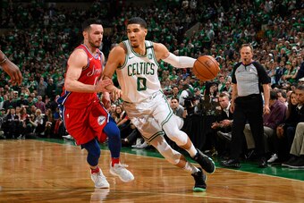 BOSTON, MA - APRIL 30:  Jayson Tatum #0 of the Boston Celtics drives to the basket against the Philadelphia 76ers in Game One of the Eastern Conference Semifinals of the 2018 NBA Playoffs on April 30, 2018 at TD Garden in Boston, Massachusetts. NOTE TO US