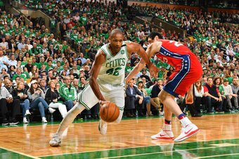 BOSTON, MA - APRIL 28: Al Horford #42 of the Boston Celtics handles the ball against the Philadelphia 76ers in Game One of the Eastern Conference Semifinals of the 2018 NBA Playoffs on April 30, 2018 at the TD Garden in Boston, Massachusetts. NOTE TO USER