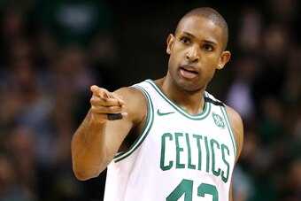 BOSTON, MA - APRIL 30: Al Horford #42 of the Boston Celtics celebrates after scoring against the Philadelphia 76ers during the second quarter of Game One of Round Two of the 2018 NBA Playoffs at TD Garden on April 30, 2018 in Boston, Massachusetts. (Photo