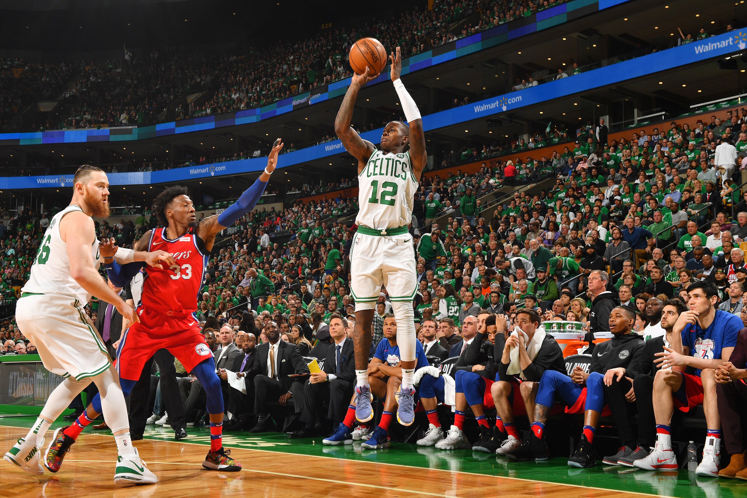 BOSTON, MA - APRIL 28: Terry Rozier #12 of the Boston Celtics shoots the ball against the Philadelphia 76ers in Game One of the Eastern Conference Semifinals of the 2018 NBA Playoffs on April 30, 2018 at the TD Garden in Boston, Massachusetts. NOTE TO USE BOSTON, MA - APRIL 28: Terry Rozier #12 of the Boston Celtics shoots the ball against the Philadelphia 76ers in Game One of the Eastern Conference Semifinals of the 2018 NBA Playoffs on April 30, 2018 at the TD Garden in Boston, Massachusetts. NOTE TO USE