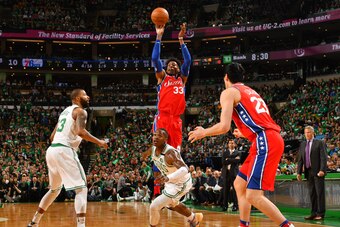BOSTON, MA - APRIL 28: Robert Covington #33 of the Philadelphia 76ers shoots the ball against the Boston Celtics in Game One of the Eastern Conference Semifinals of the 2018 NBA Playoffs on April 30, 2018 at the TD Garden in Boston, Massachusetts. NOTE TO