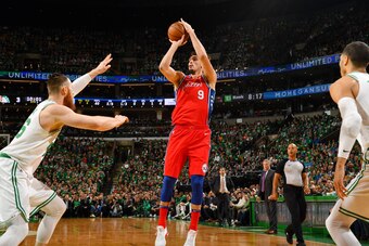 BOSTON, MA - APRIL 28: Dario Saric #9 of the Philadelphia 76ers shoots the ball against the Boston Celtics in Game One of the Eastern Conference Semifinals of the 2018 NBA Playoffs on April 30, 2018 at the TD Garden in Boston, Massachusetts. NOTE TO USER: