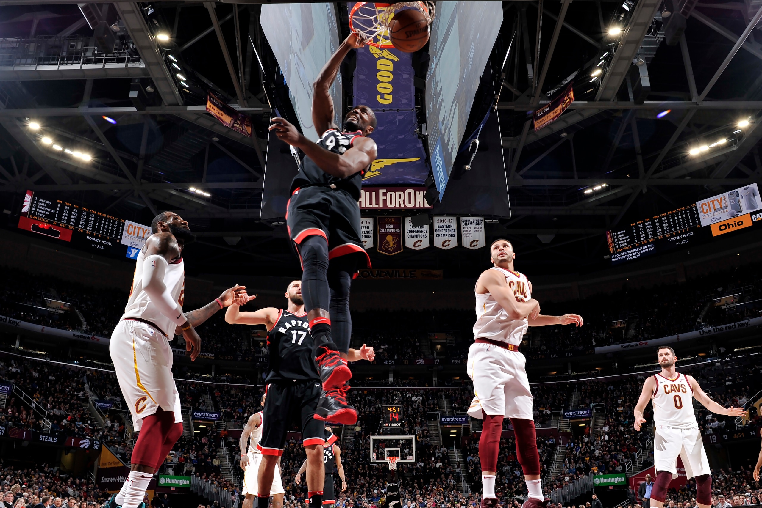 CLEVELAND, OH - APRIL 3:  Serge Ibaka #9 of the Toronto Raptors dunks the ball against the Cleveland Cavaliers on April 3, 2018 at Quicken Loans Arena in Cleveland, Ohio. NOTE TO USER: User expressly acknowledges and agrees that, by downloading and/or usi