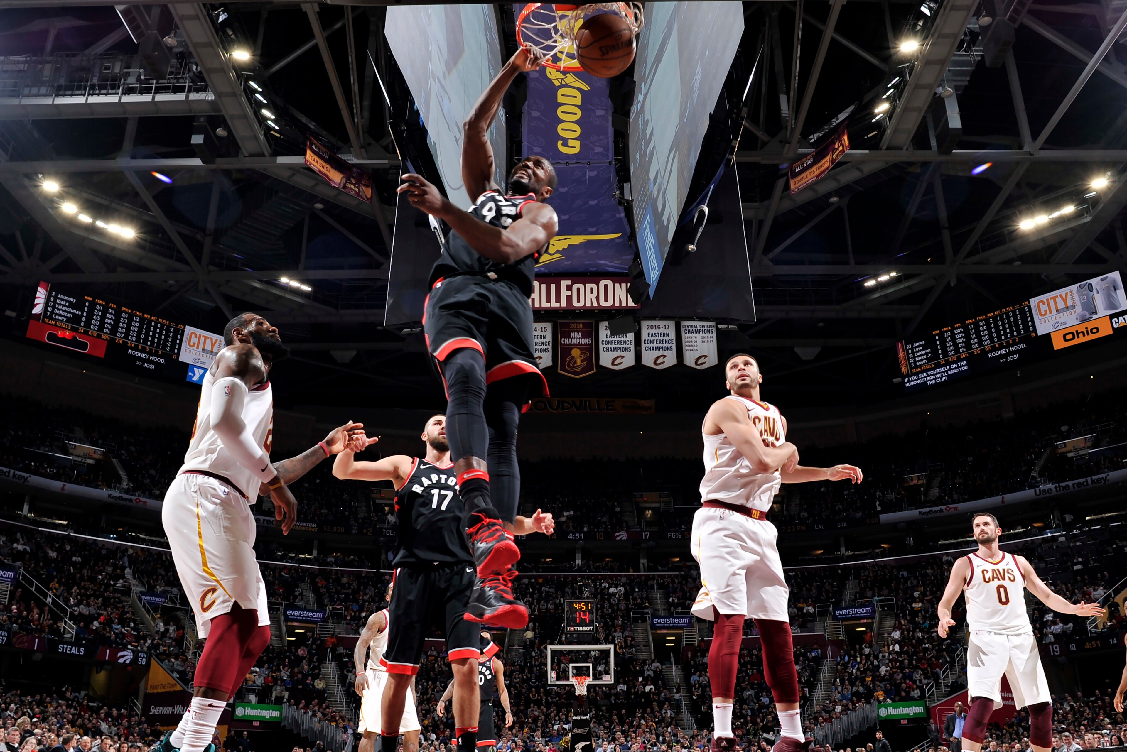 CLEVELAND, OH - APRIL 3:  Serge Ibaka #9 of the Toronto Raptors dunks the ball against the Cleveland Cavaliers on April 3, 2018 at Quicken Loans Arena in Cleveland, Ohio. NOTE TO USER: User expressly acknowledges and agrees that, by downloading and/or usi